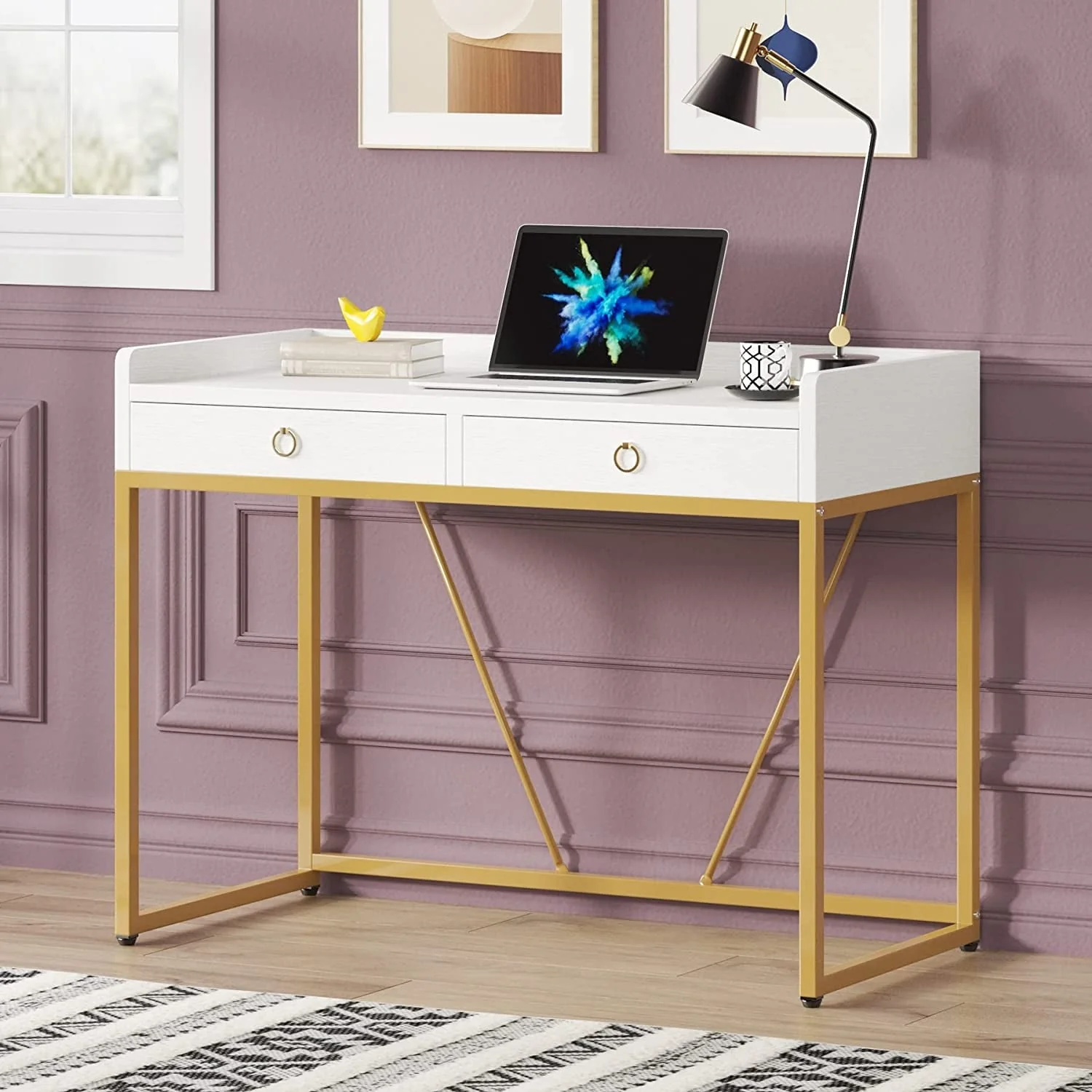 41 inch Simple Modern White Gold Computer Desk with 2 Drawers for Home Office Bedroom