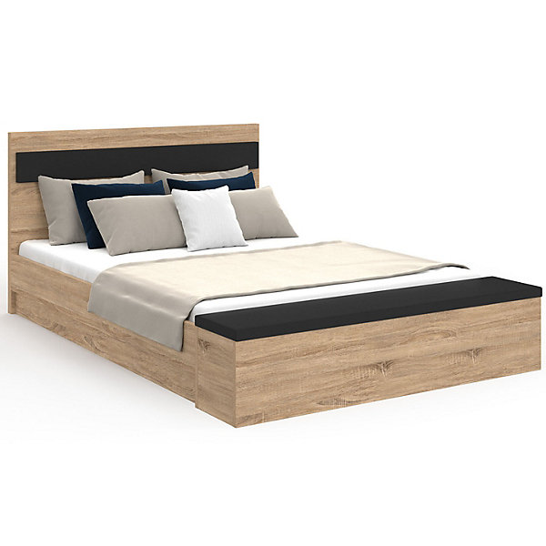 Lit double GAELLE tête de lit   banc coffre et sommier 140 x 190 cm bois et noir