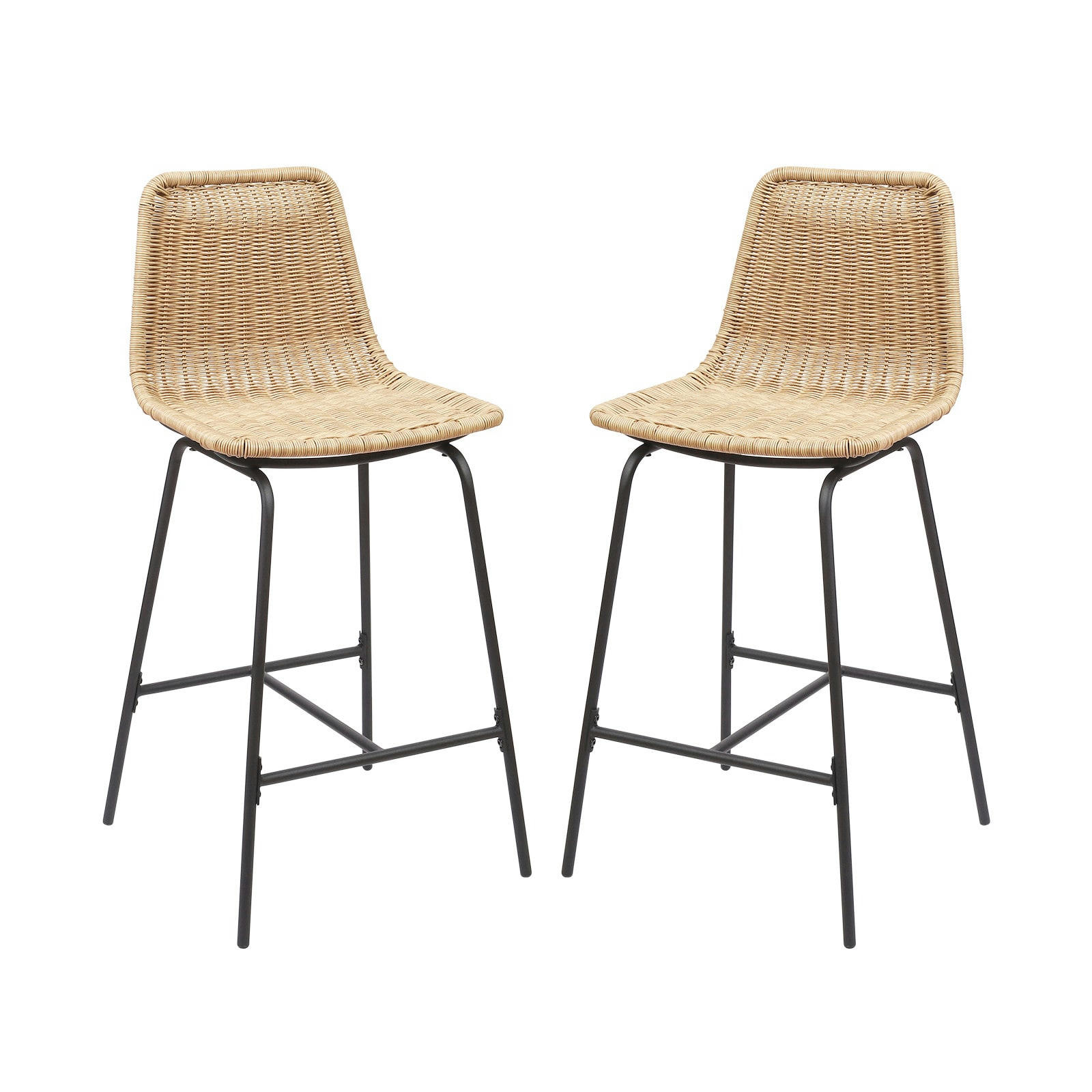 KUTA - Lot de 2 tabourets d'ilot 65 cm en métal et rotin synthétique  Naturel