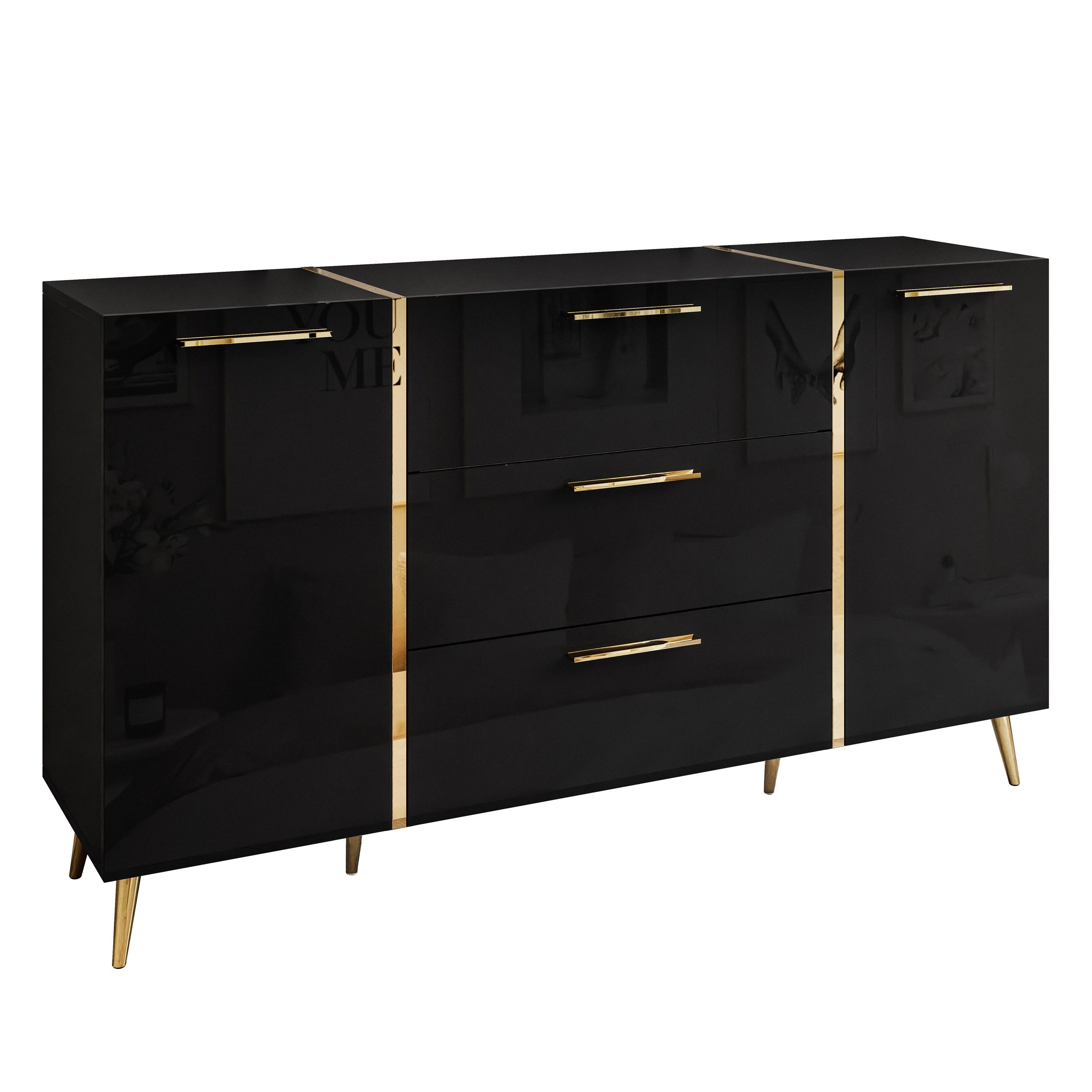 Komoda ONYX czarny połysk złote nóżki 158 cm UCHWYTY