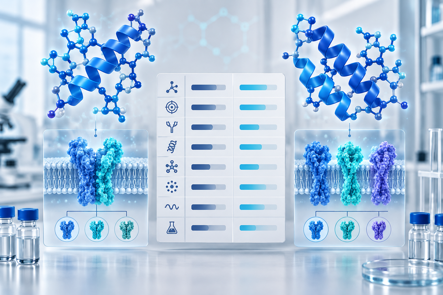 Retatrutide and tirzepatide receptor-model pathways compared on a bright laboratory diagram.