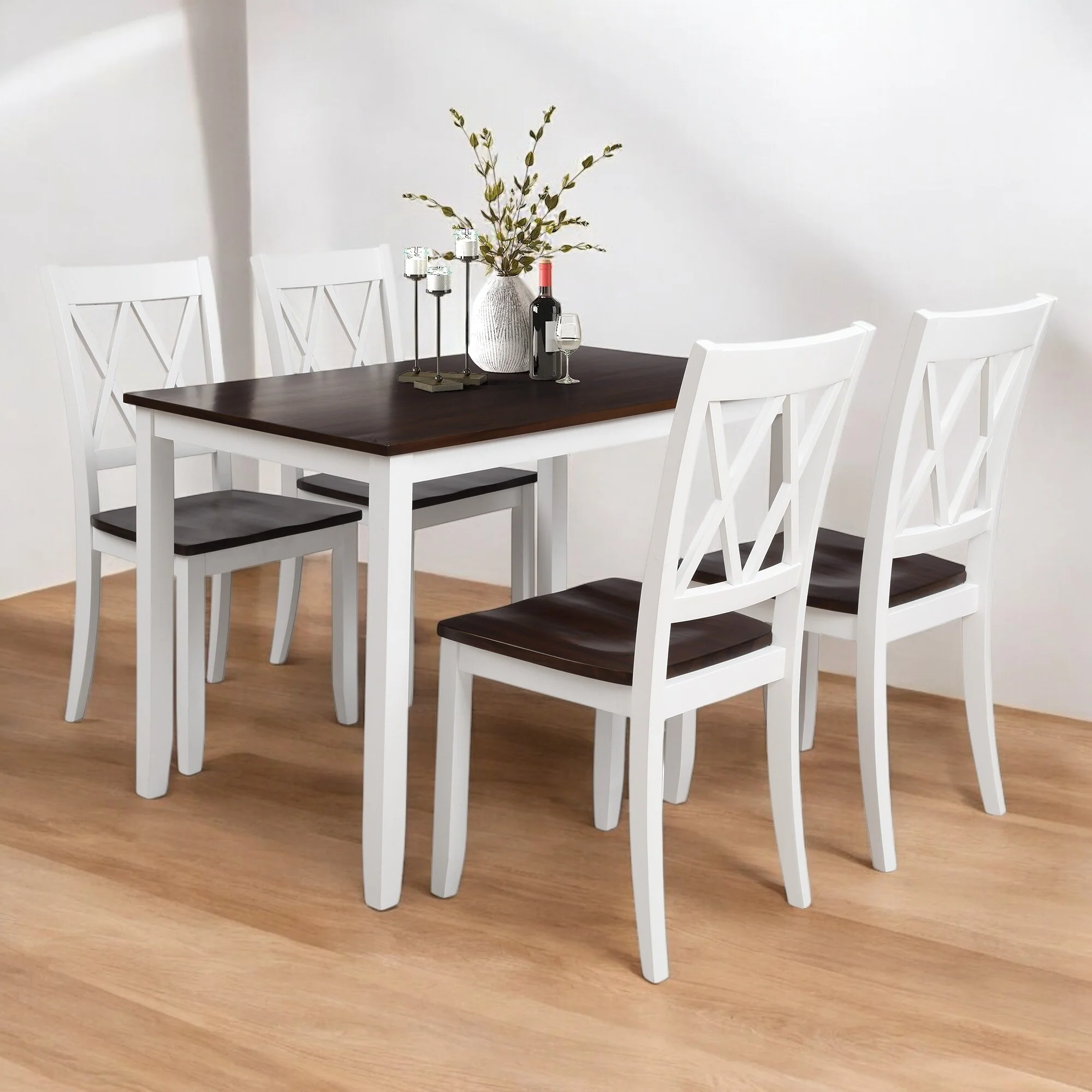 5-Piece Solid Wood Farmhouse Dining Set with Ergonomic Chairs and Waterproof Acacia Top for Dining Room and Kitchen