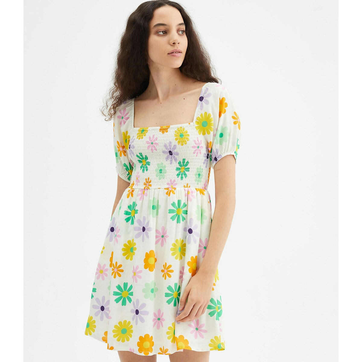 Robe encolure carrée, manches courtes, imprimée