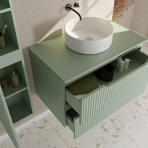 Meuble et colonne de Salle de Bains LEON 80cm Vert Olive - Façades Ondulées - Vasque Ronde 36cm