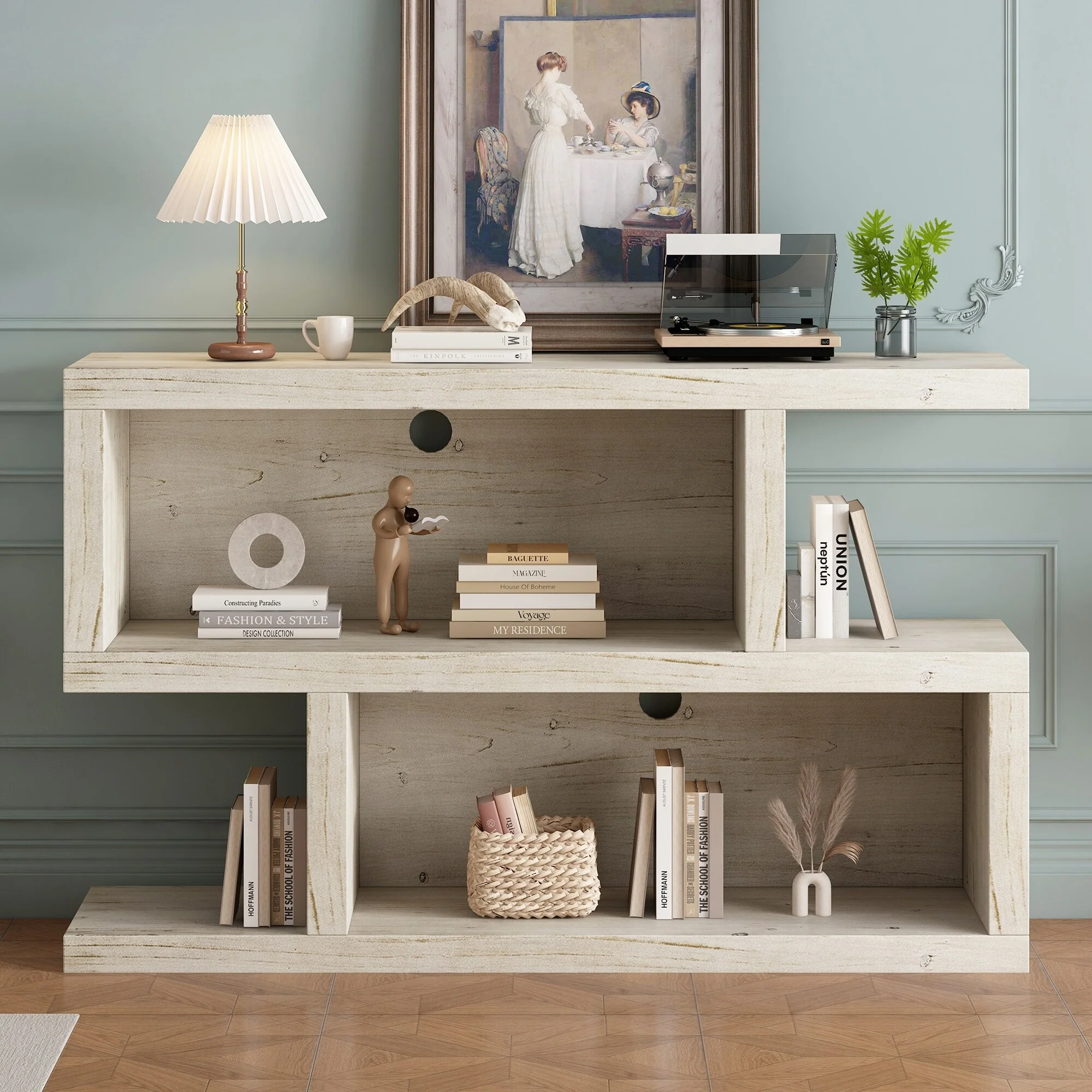 Retro Entryway Table with 2-Tier Open Shelf(Natural)