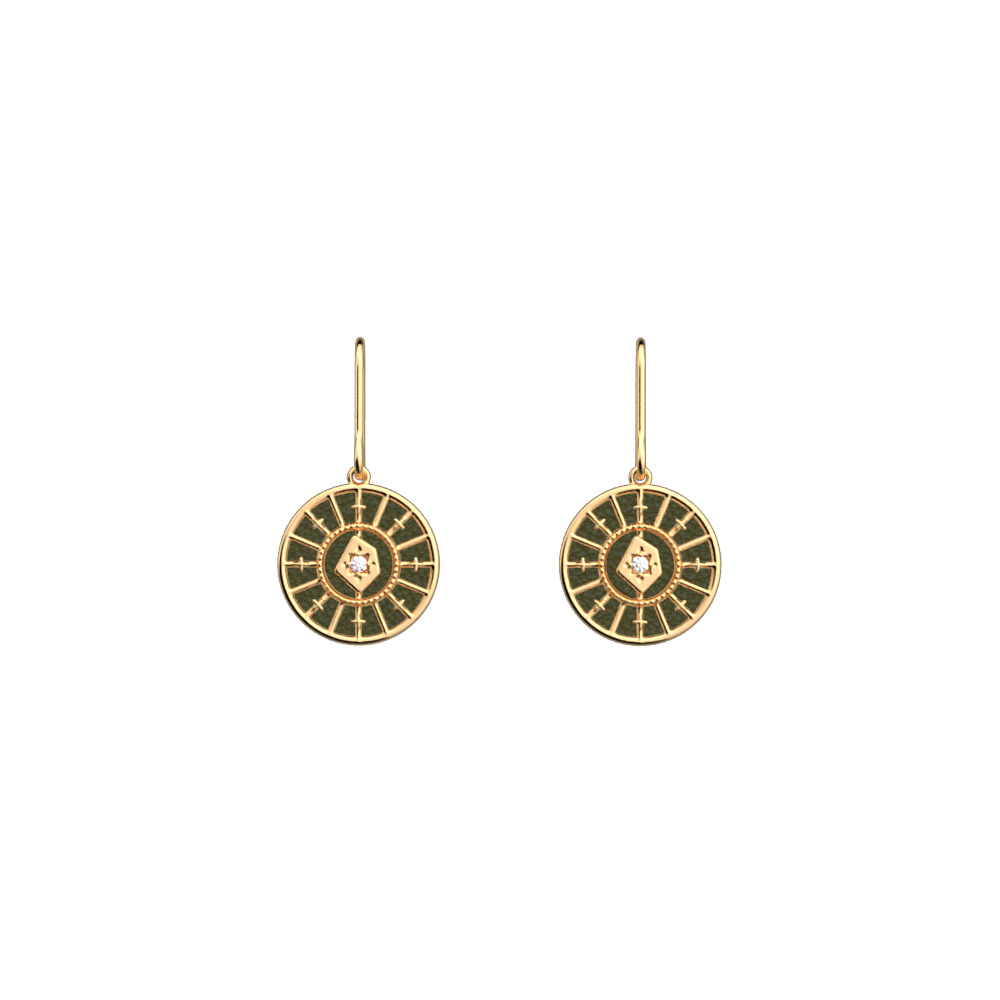 Boucles d'oreilles Astrale, cuirs réversibles Bronze Paillettes / Vert de Gris