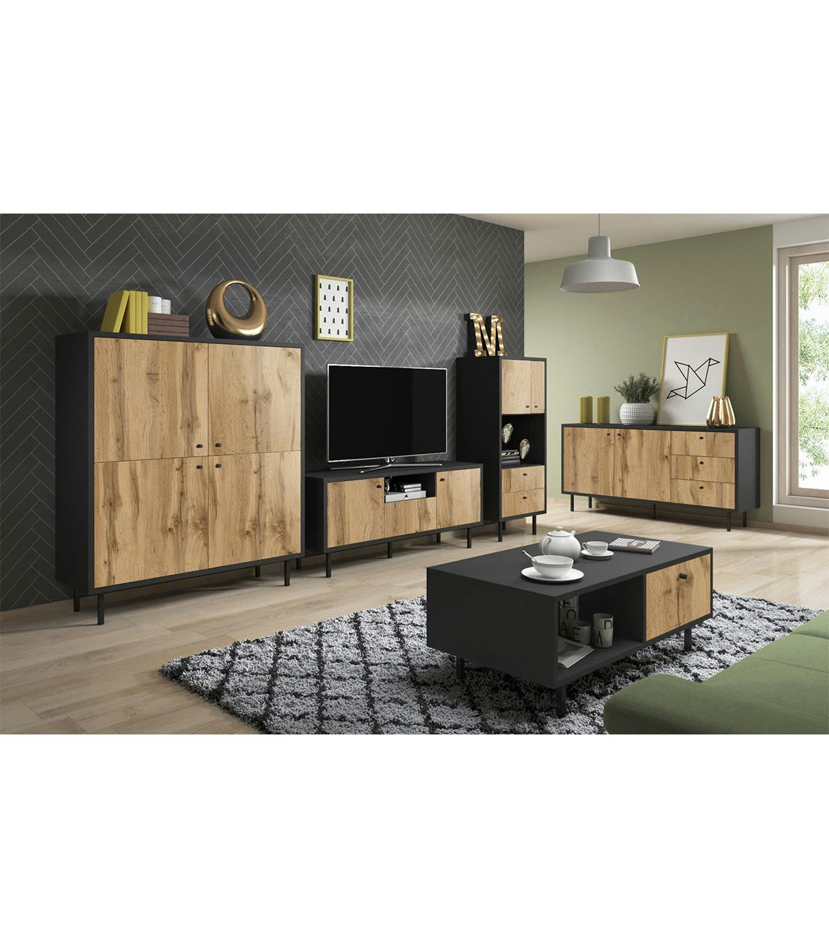 BOSPE - Buffet Haut 2 Portes 2 Tiroirs L57 x H135 cm - Décor chêne et Noir