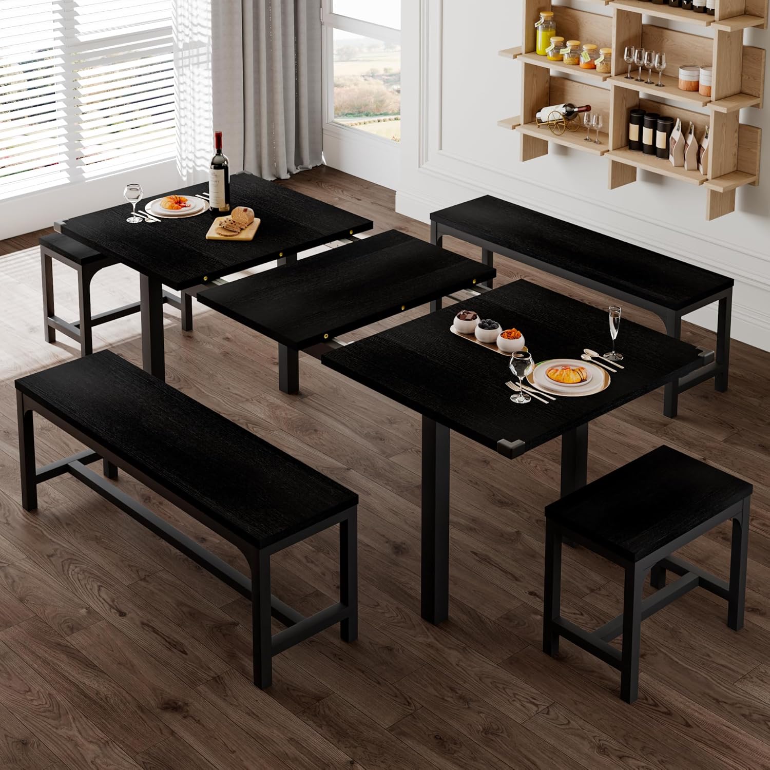 Feonase 5-Piece Dining Table Set for 4-8 People, 63 Large Extendable Kitchen Table Set with 2 Benches and 2 Square Stools, Dining Room Table with MDF Wood Board, Easy Assembly, Black