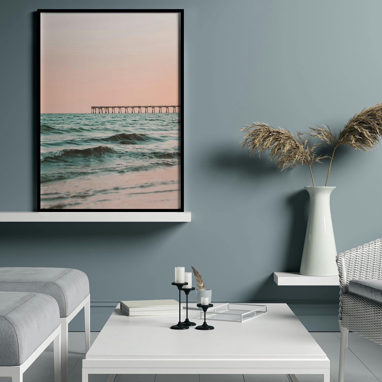 MAR - Affiche avec cadre noir - Jetée au coucher du soleil - 30x40