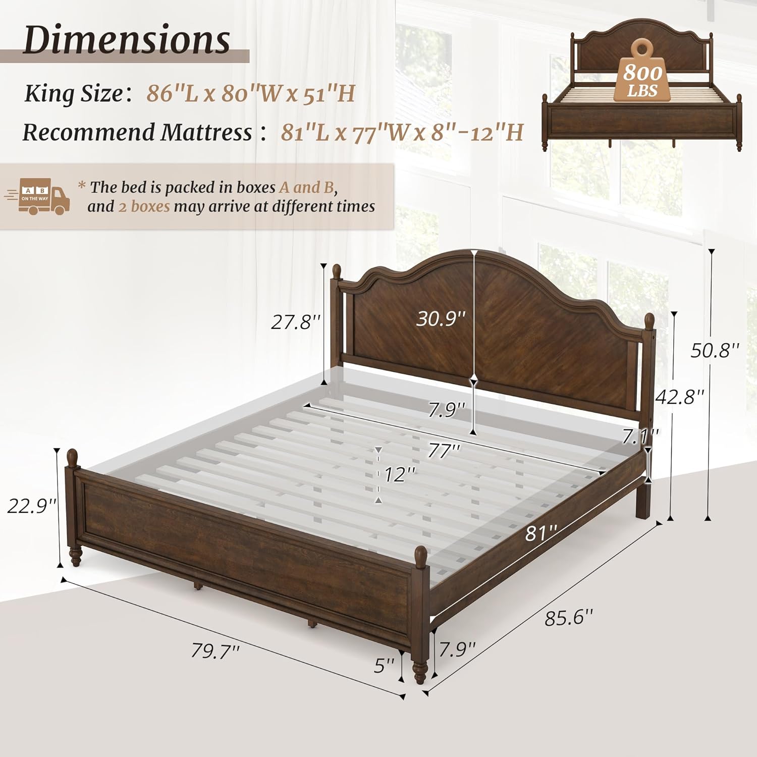 Cozyman Traditional Solid Wood Bed Frame King Size with Arched Headboard & Roman Column Accents, Wooden Platform Bed Frame, Wood Slat Support, No Box Spring Needed, Easy Assembly, Dark Walnut Color