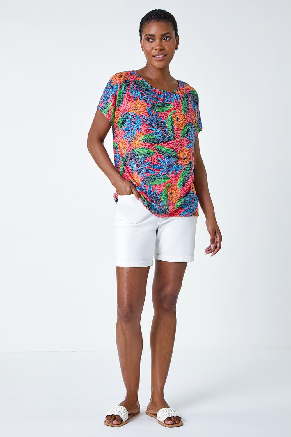 Roman Leaf Print Burnout Stretch T-Shirt