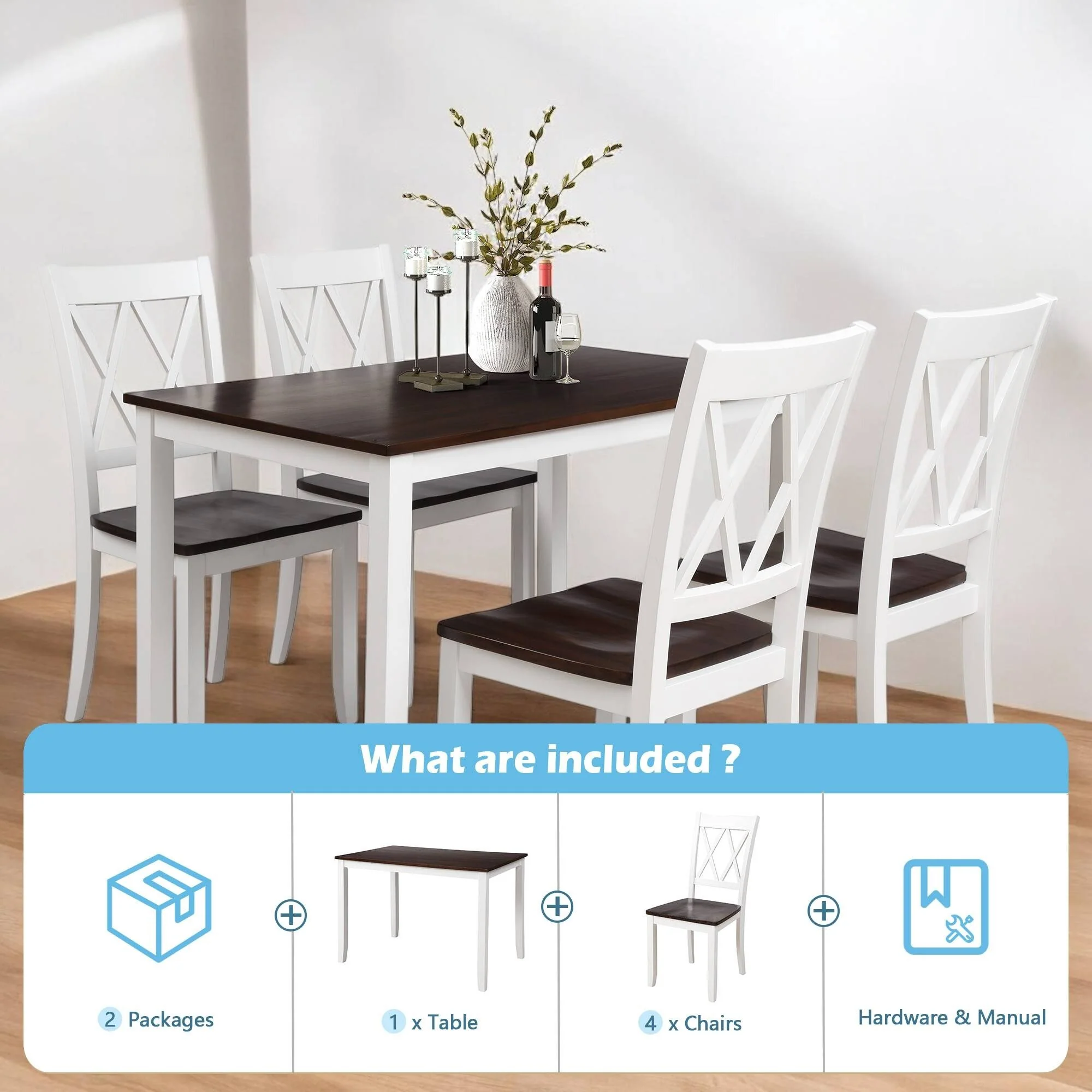 5-Piece Solid Wood Farmhouse Dining Set with Ergonomic Chairs and Waterproof Acacia Top for Dining Room and Kitchen