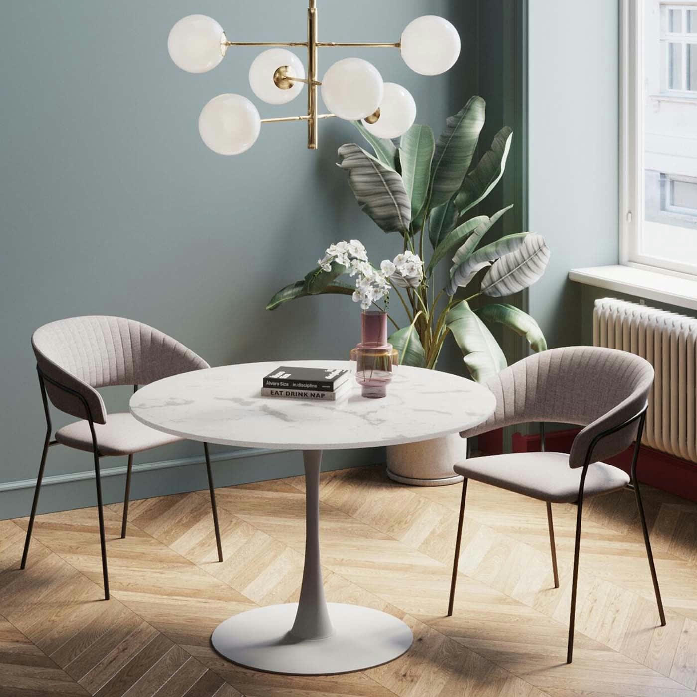 SCHICKERIA - Table à manger 6 personnes ronde effet marbre blanc D110