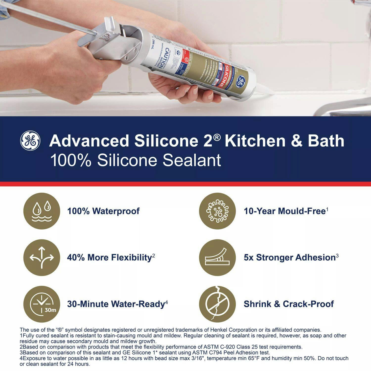 GE Silicone II Multi-Purpose Kitchen/Bath Sealant, Waterproof Caulk, Almond, 299-mL