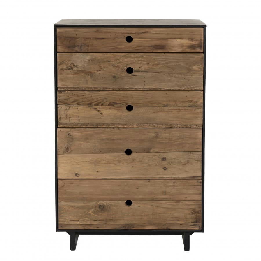 ANDREA - Meuble chiffonnier 5 tiroirs en pin recyclé naturel et noir