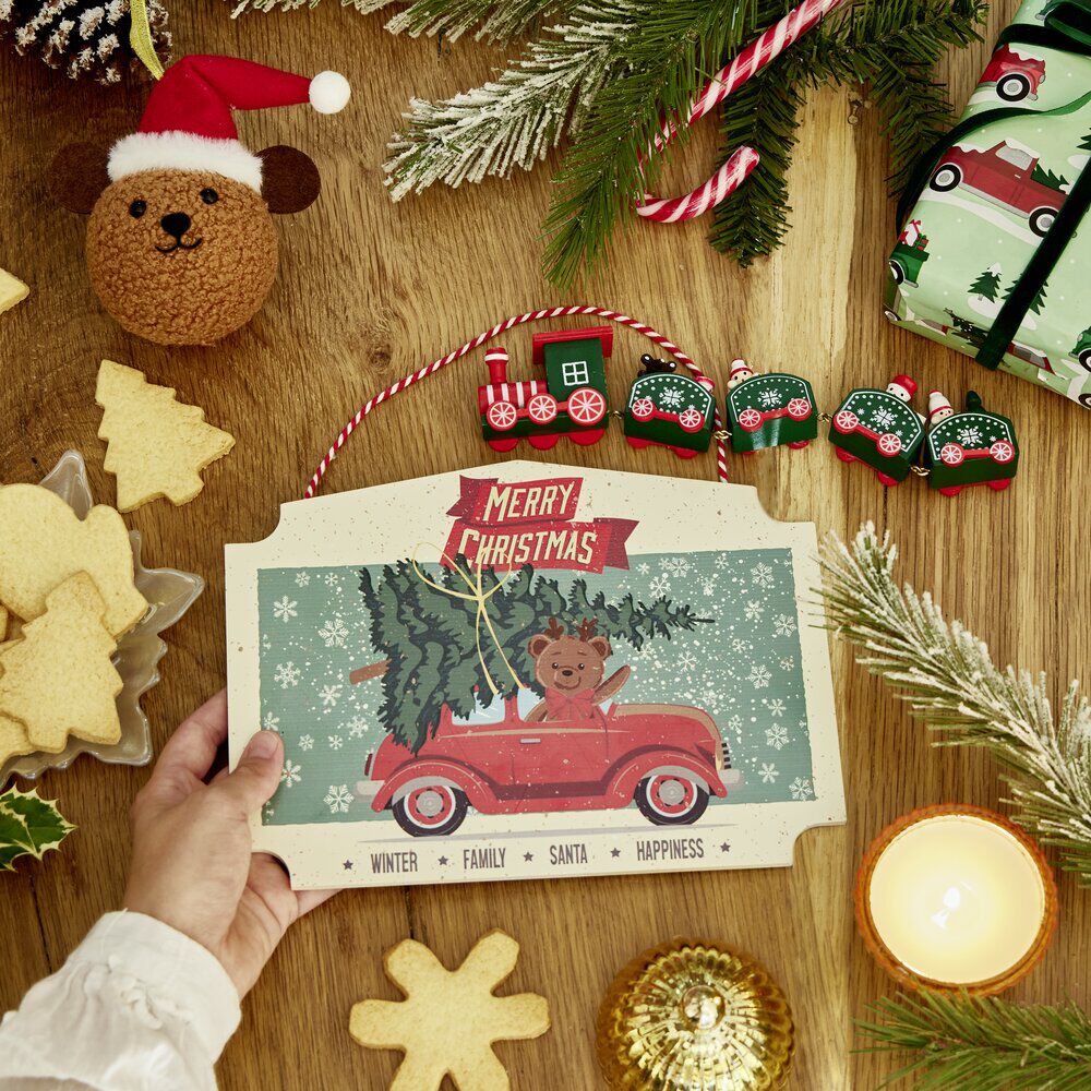 Pancarte de No&euml;l ourson vintage en bois 18x25cm