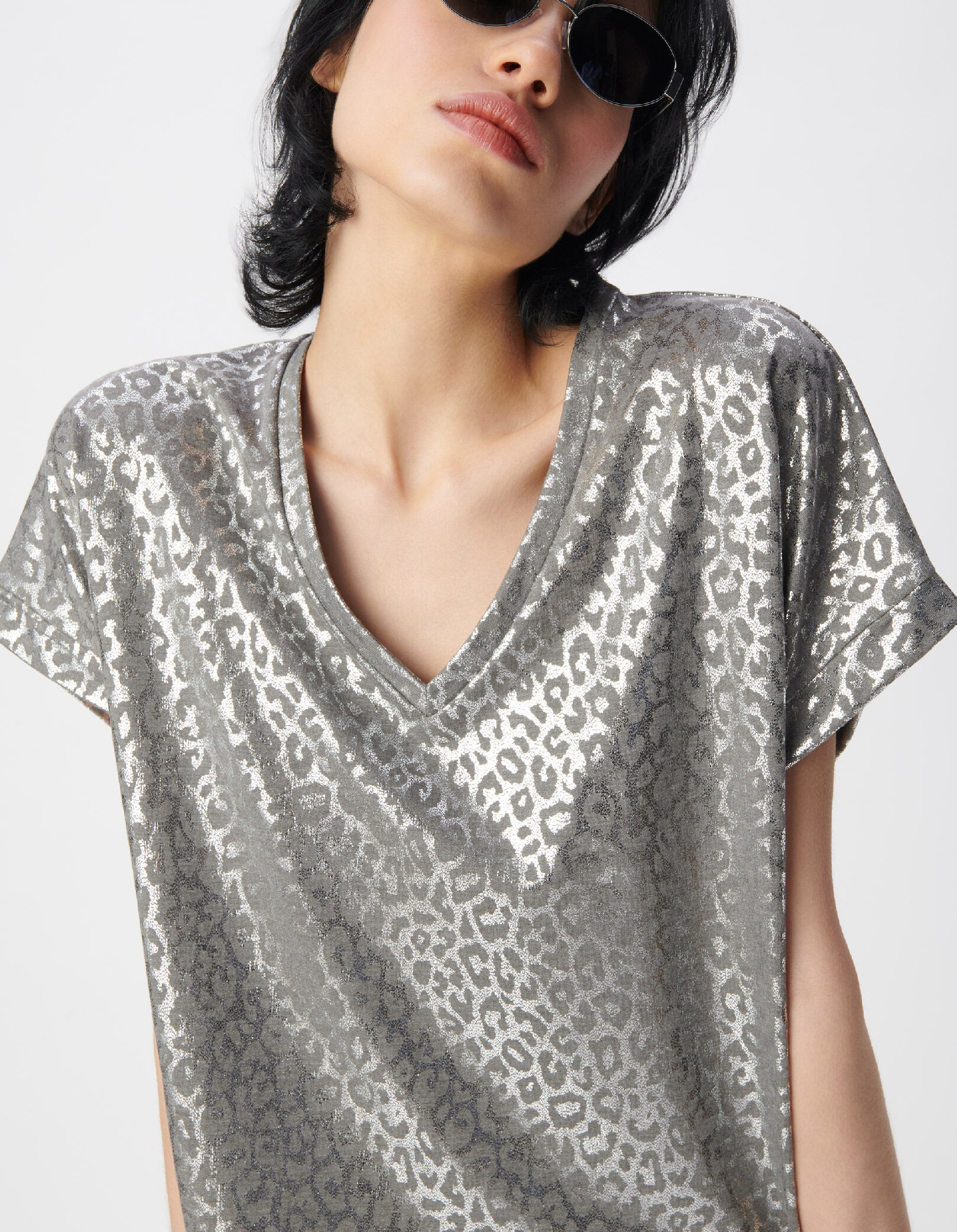 Tee-shirt gris motif léopard argent métallisé Femme