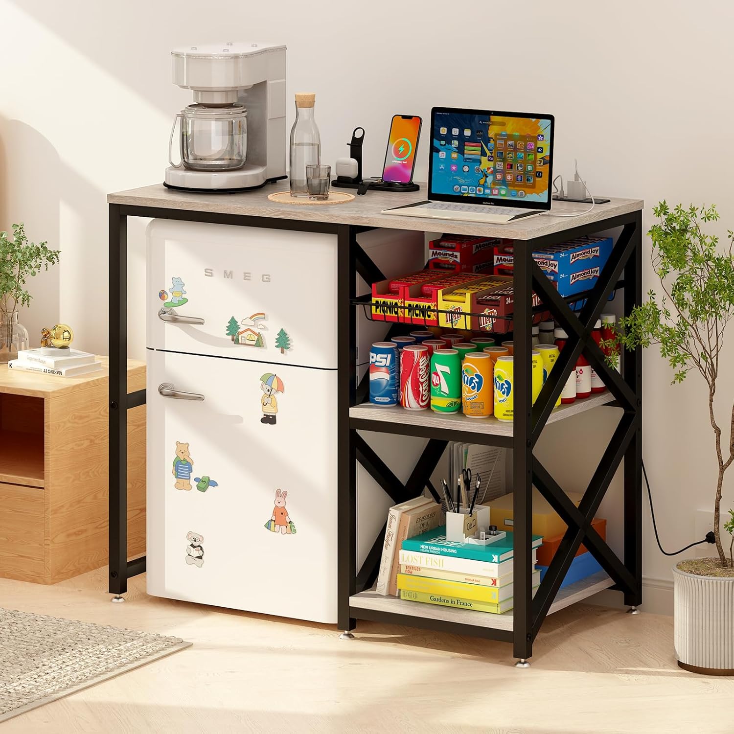 METYERRY Kitchen Bakers Rack with Power Outlet,Mini Fridge Cabinet with Mesh Basket, Mini Fridge and Microwave Table with Storage for Office,Kitchen,Living Room,Coffee Bar,Patio,Greige