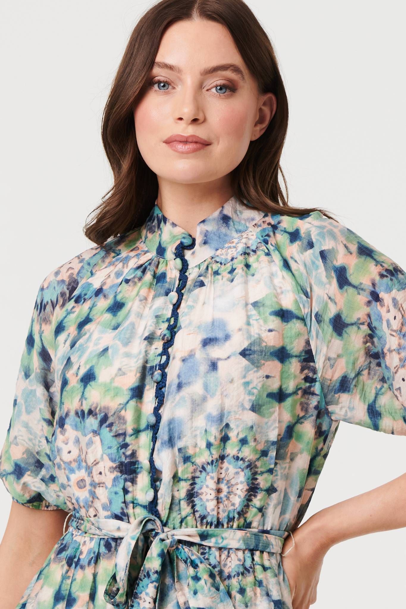 Izabel London Abstract Tie Waist 1/2 Sleeve Midi Dress