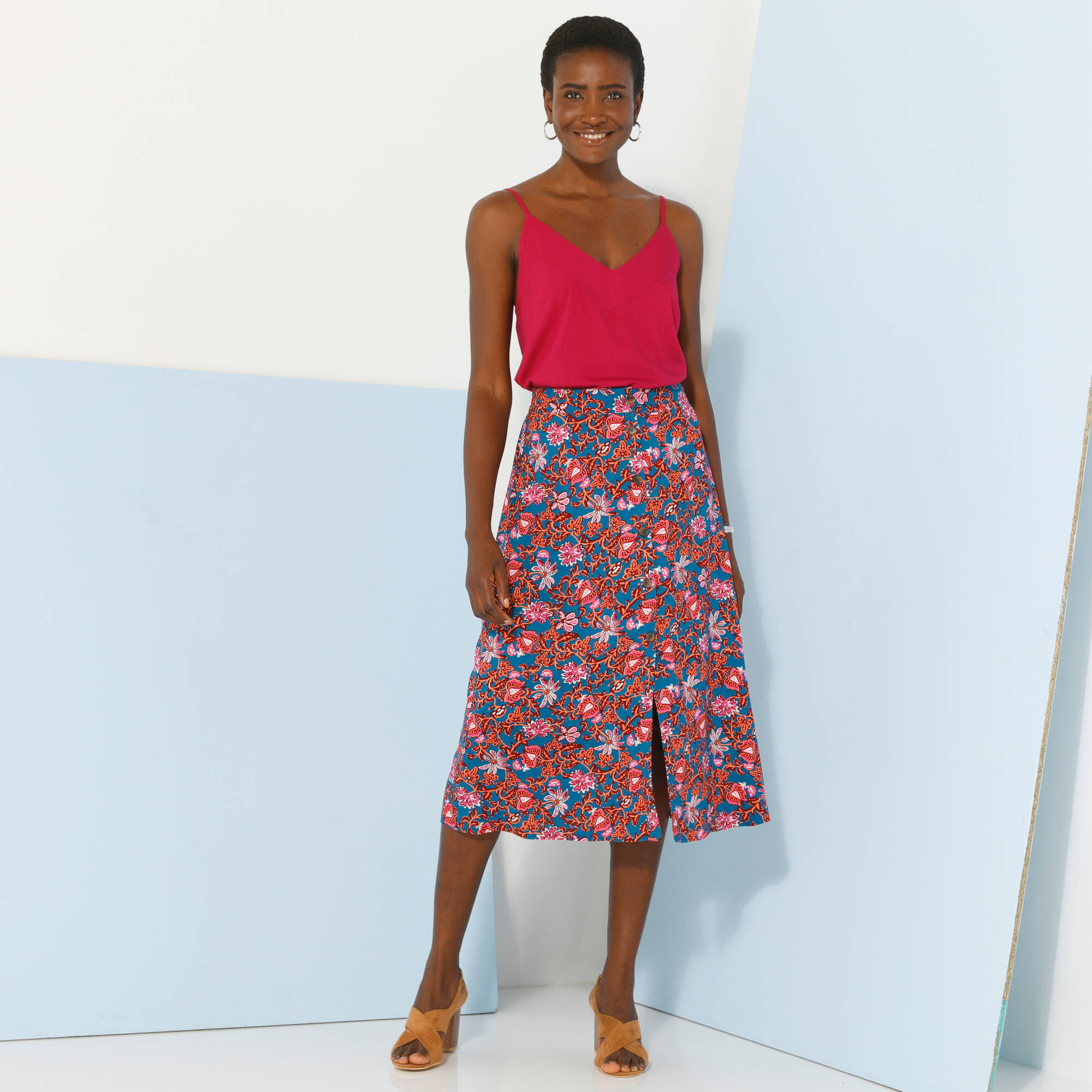 Jupe boutonnée fleuri unie, viscose