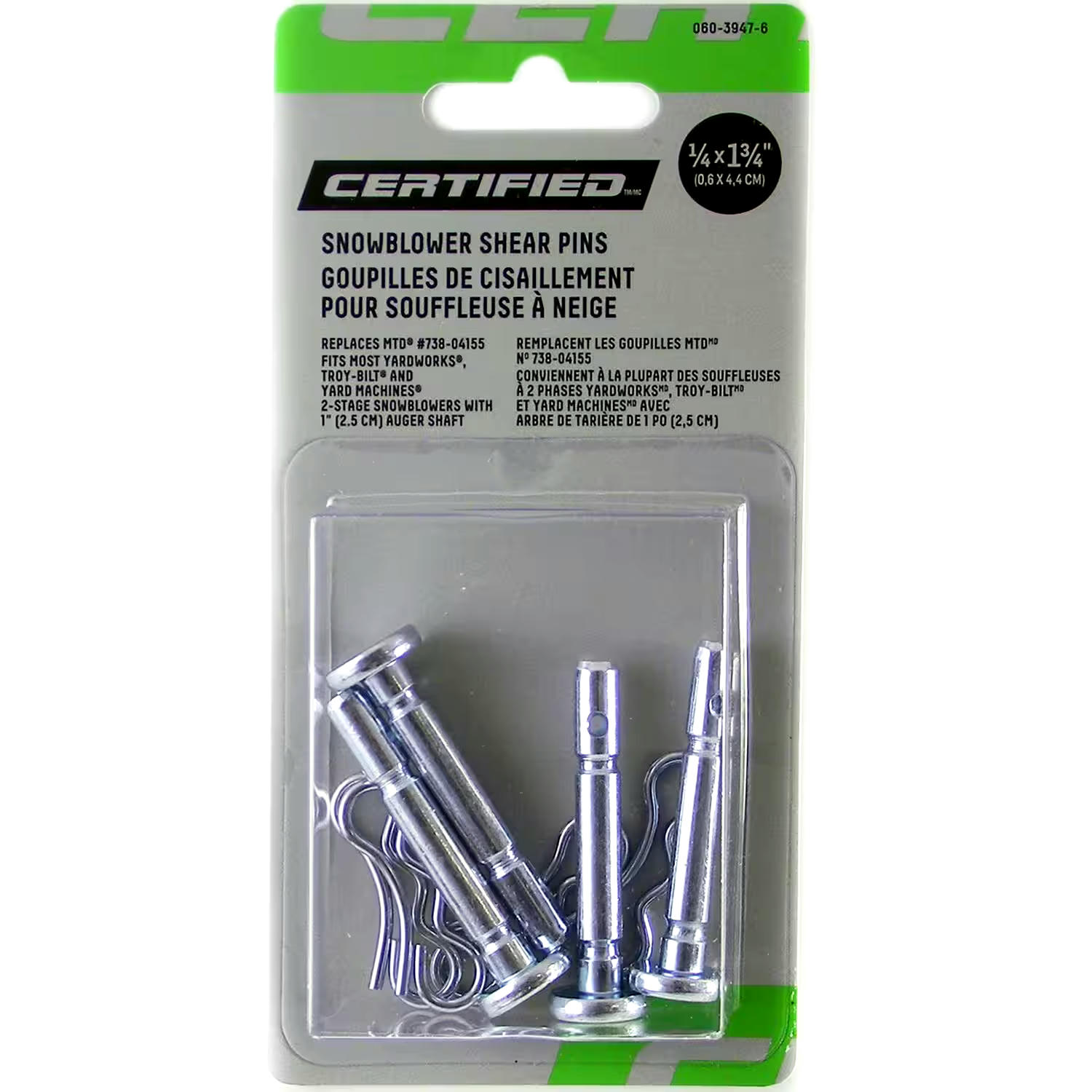 Certified Snowblower Replacement Shear Pins,  4 Pk. Incl. cotter Pins, 1/4 x 1.75-in