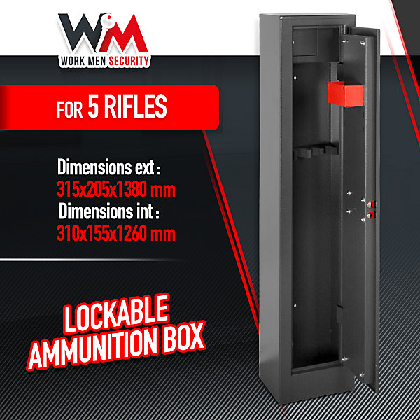 Armoire à fusils 315X205X1380mm avec coffre intérieur - 5 fusils - Workmen Security