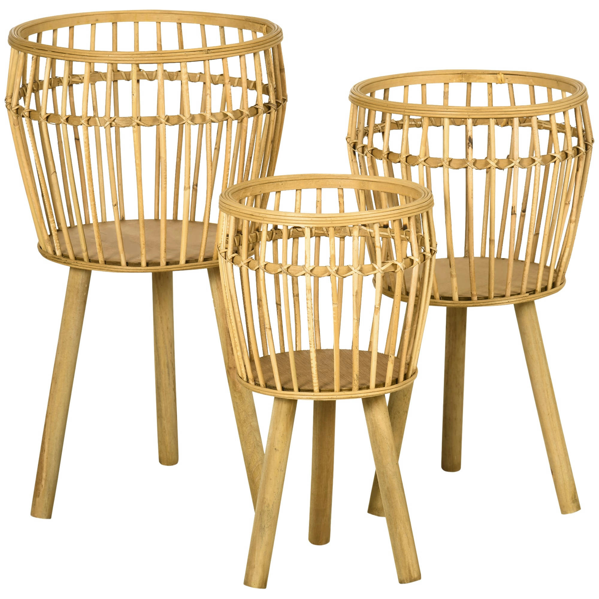 - Lot de 3 supports à plantes trépied sapin rotin tressé