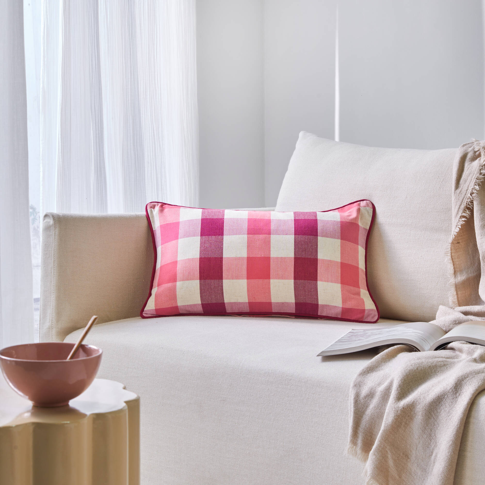 Coussin rectangulaire coton lin carreaux