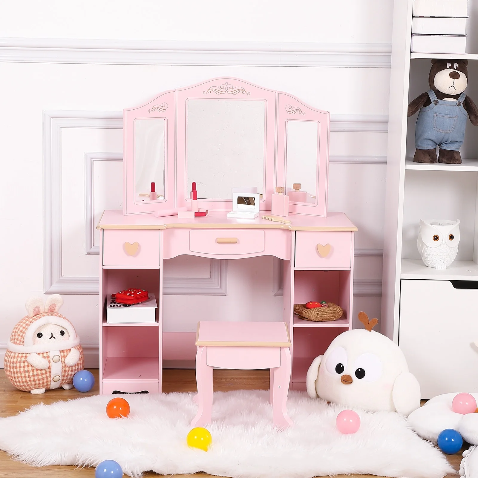 White/ Pink Girls' Vanity Table and Stool Set