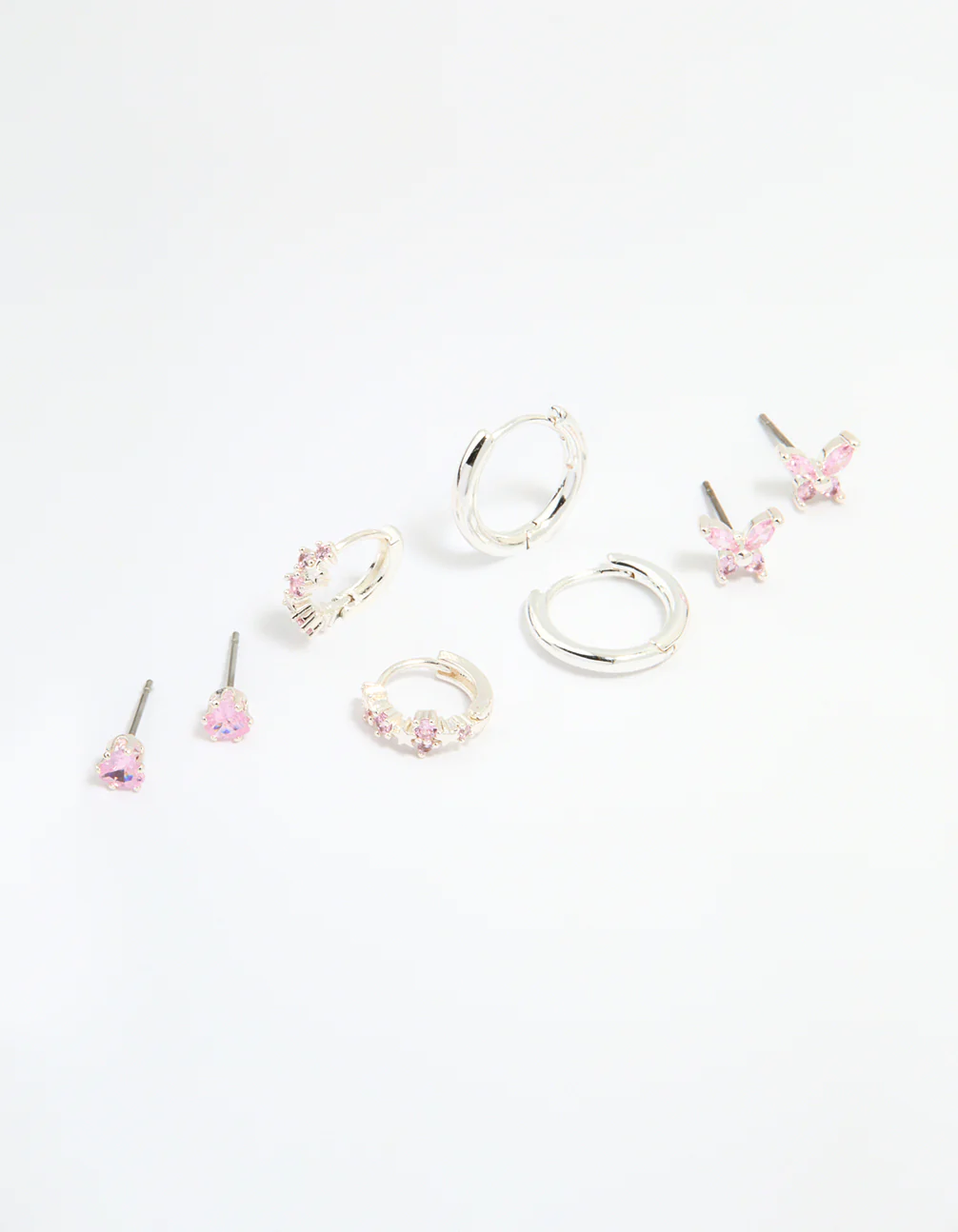 Silver Plated Brass Pink Cubic Zirconia Pave & Butterfly Stud Earrings 4-Pack