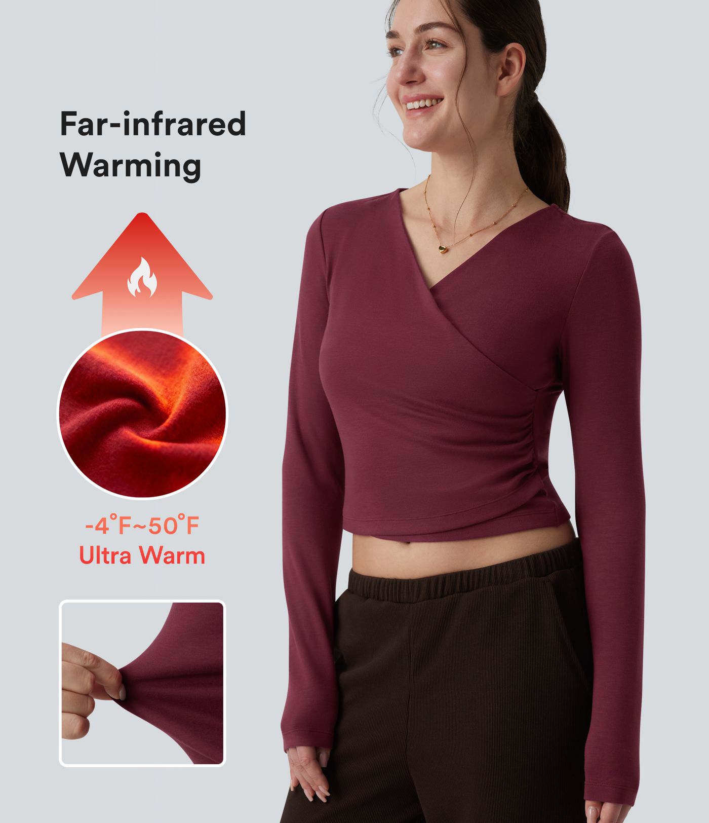 Top réchauffant casual Halara HeatCore col V manches longues croisé avec fronces