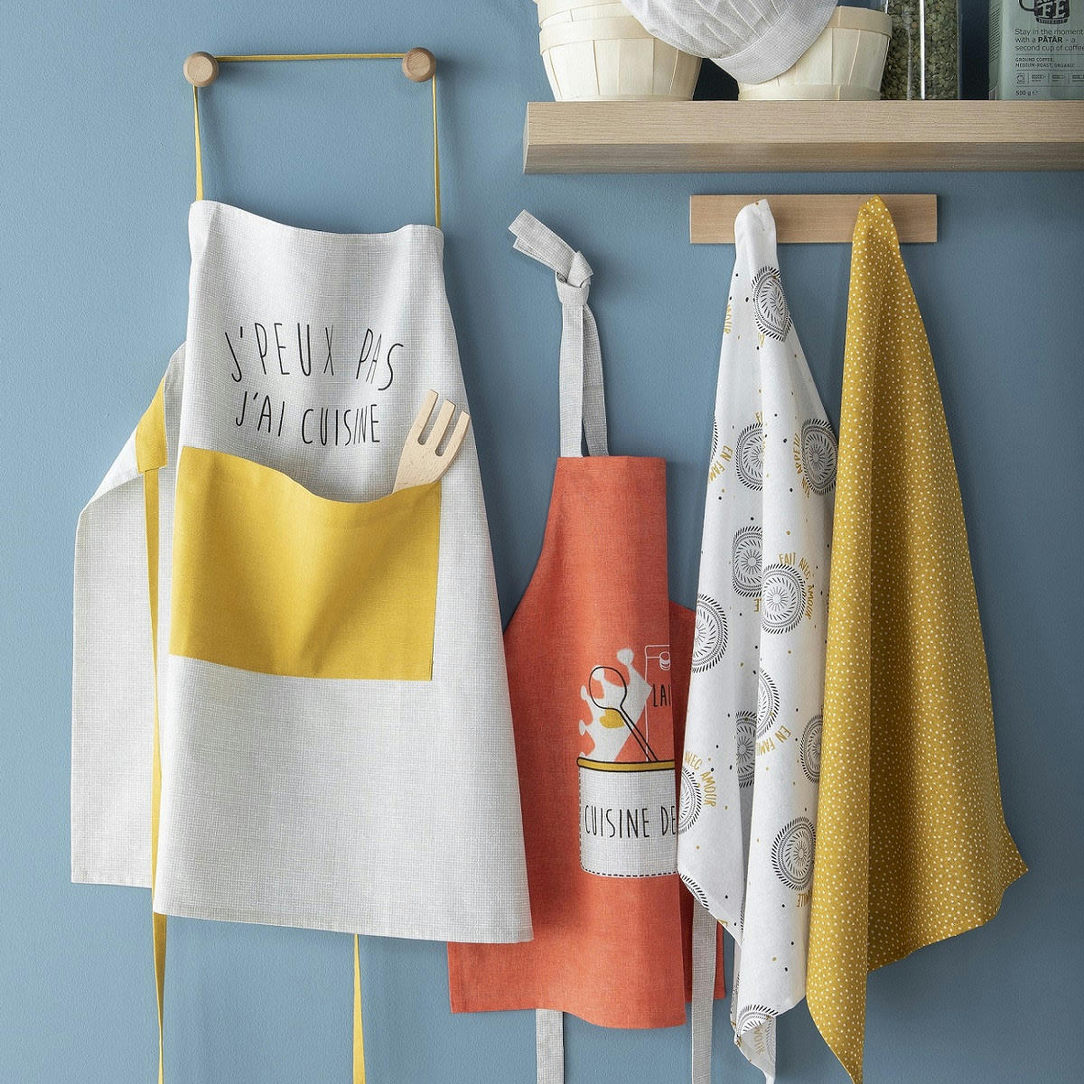 EN FAMILLE - Tablier de cuisine coton blanc et jaune 70x70cm