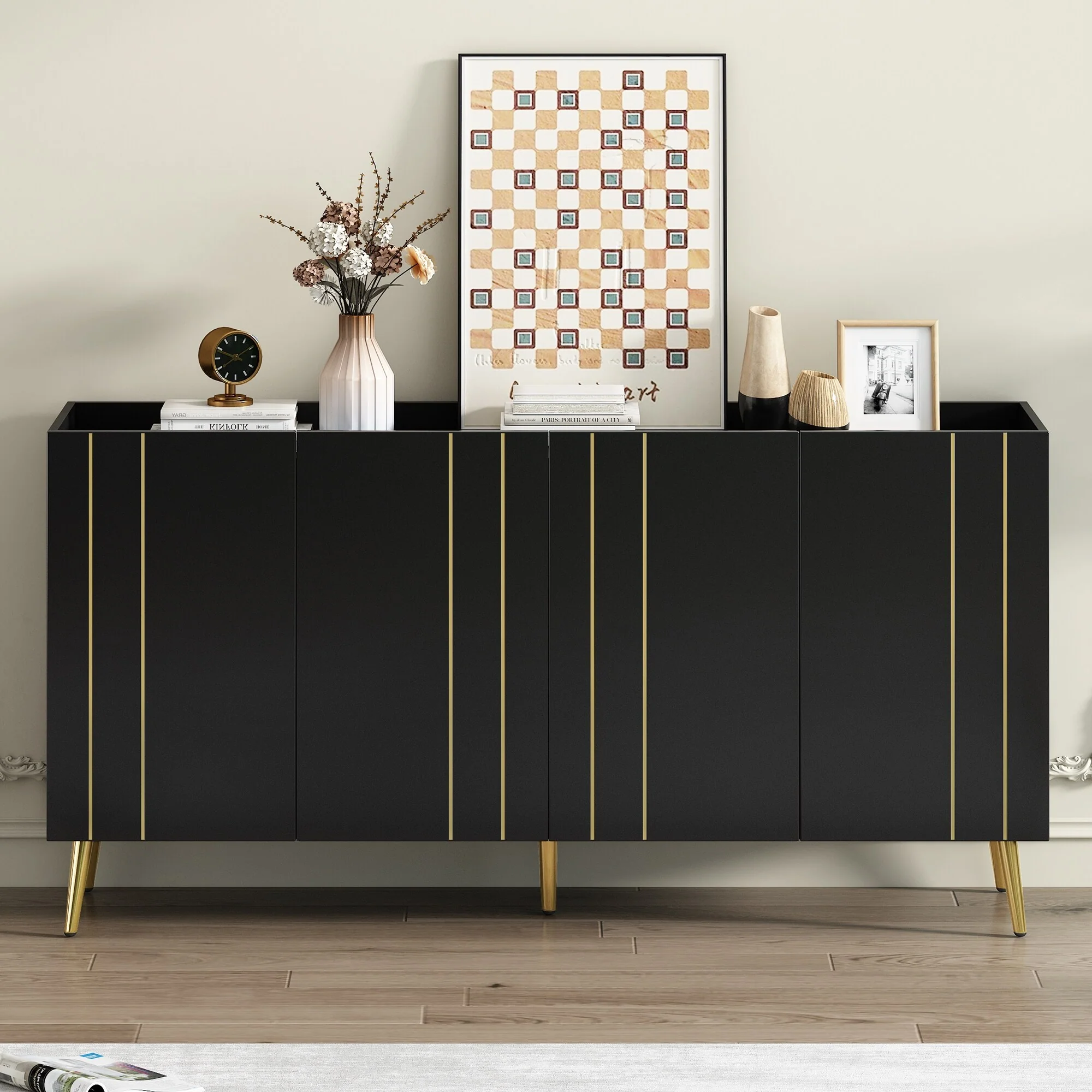 Black 62.9 TV Stand with Metal Legs, Adjustable Shelves & Gold Line Doors for TVs Up to 70