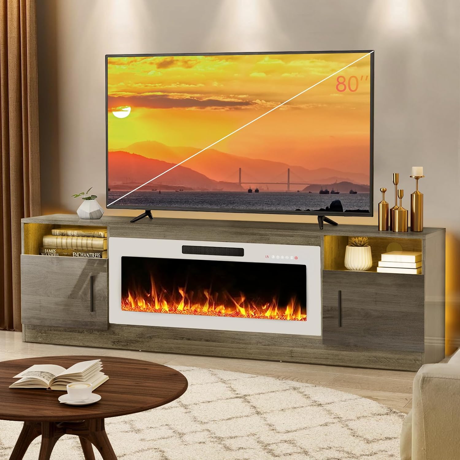 Lemberi Fireplace tv Stand with 36 inch White Fireplace Up to 80 TVs,LED Light Entertainment Center and Storage, 70 Modern Wood Media TV Console with Highlight Cabinet for Living Room (Gray)