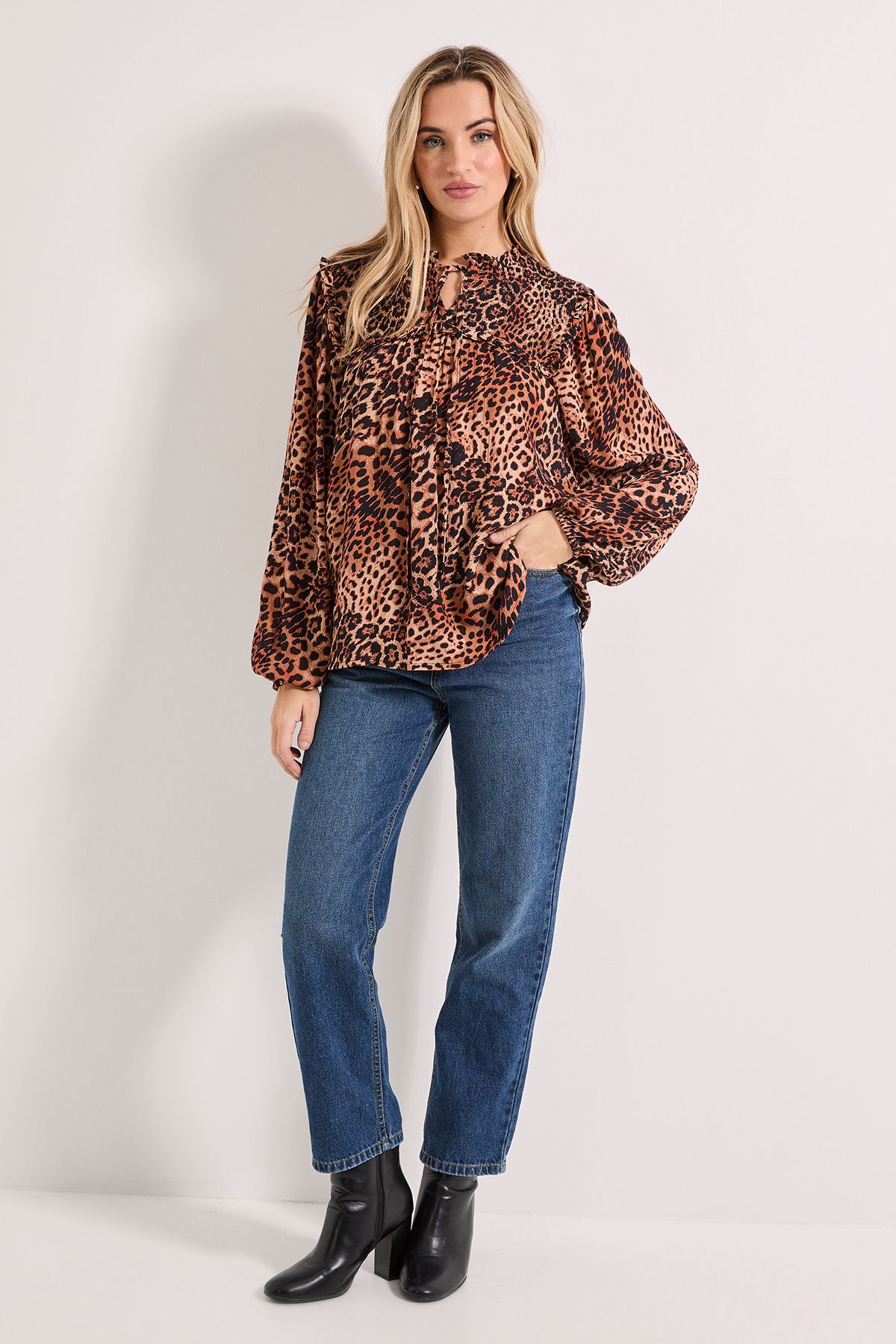 Dorothy Perkins Leapord Smocked Yoke Tie Detail Blouson Sleeve Printed Top
