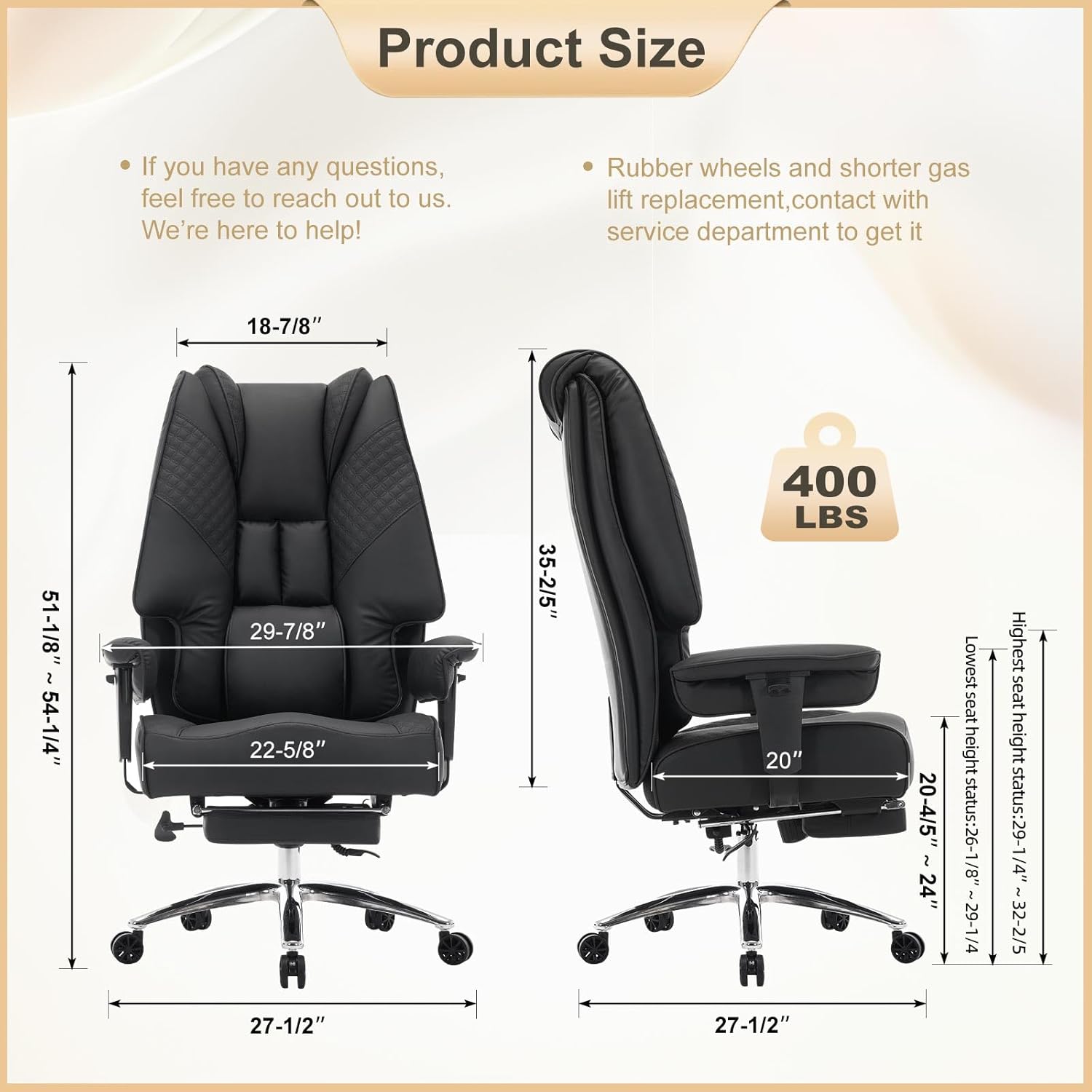 Big and Tall Office Chair 400lbs Wide Seat, Leather High Back Executive Office Chair with Foot Rest, Ergonomic Chairs Lumbar Support for Lower Back Pain Relief (Black)