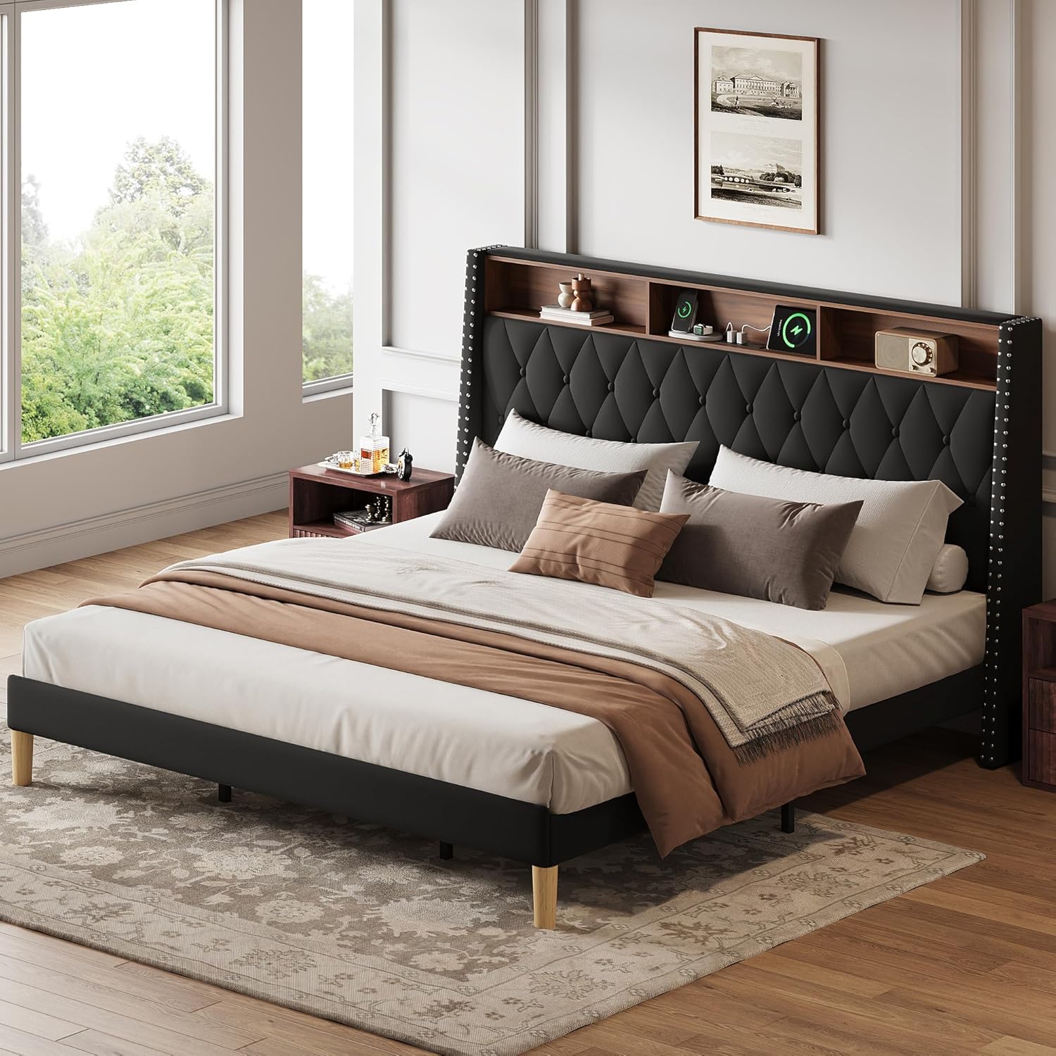 WLIVE King Size Upholstered Bed Frame with 48'' Tall Wingback Headboard, Velvet Square Tufted Platform Beds with Charging Station, Sturdy Metal & Wooden Slats Support, Black