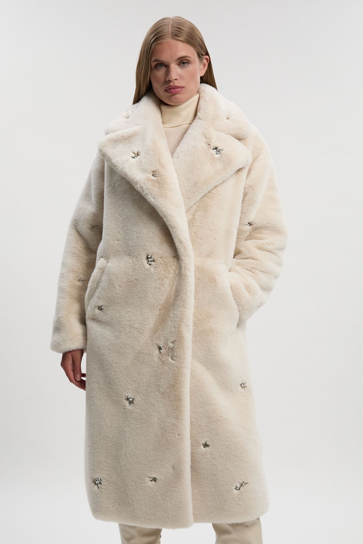 KarenMillen Crystal Embellished Faux Fur Long Coat
