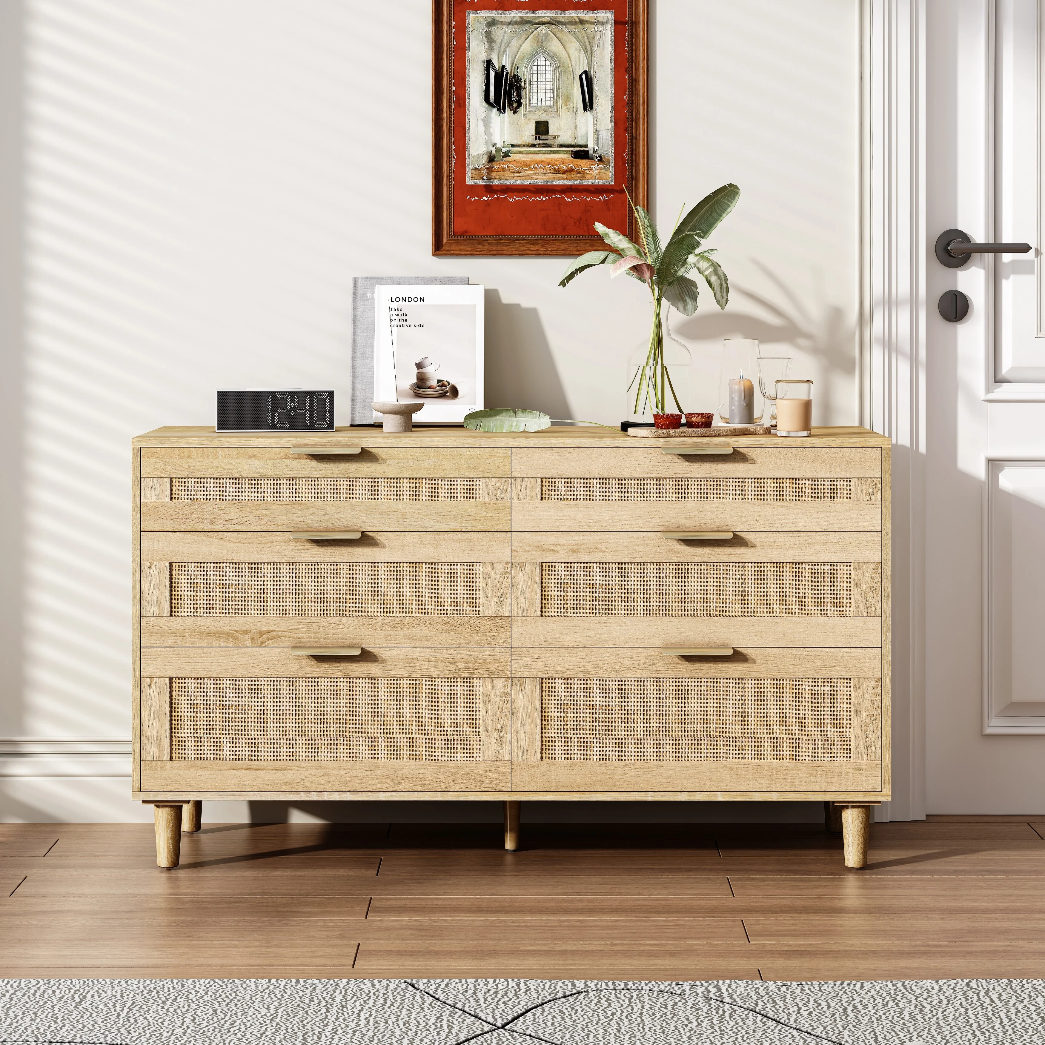 Mid-Century Modern Rattan Dresser, 6-Drawer Wicker Bedroom Dresser, Storage Cabinet with Metal Handles & Wood Legs