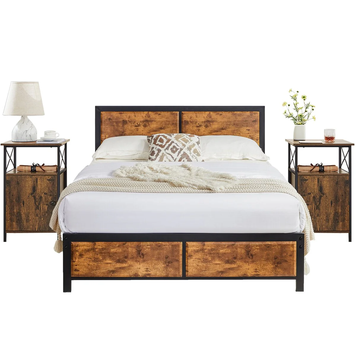 Javlergo Industrial 3-Piece Bedroom Set with Platform Bed Frame and Set of 2 Nightstands, Brown