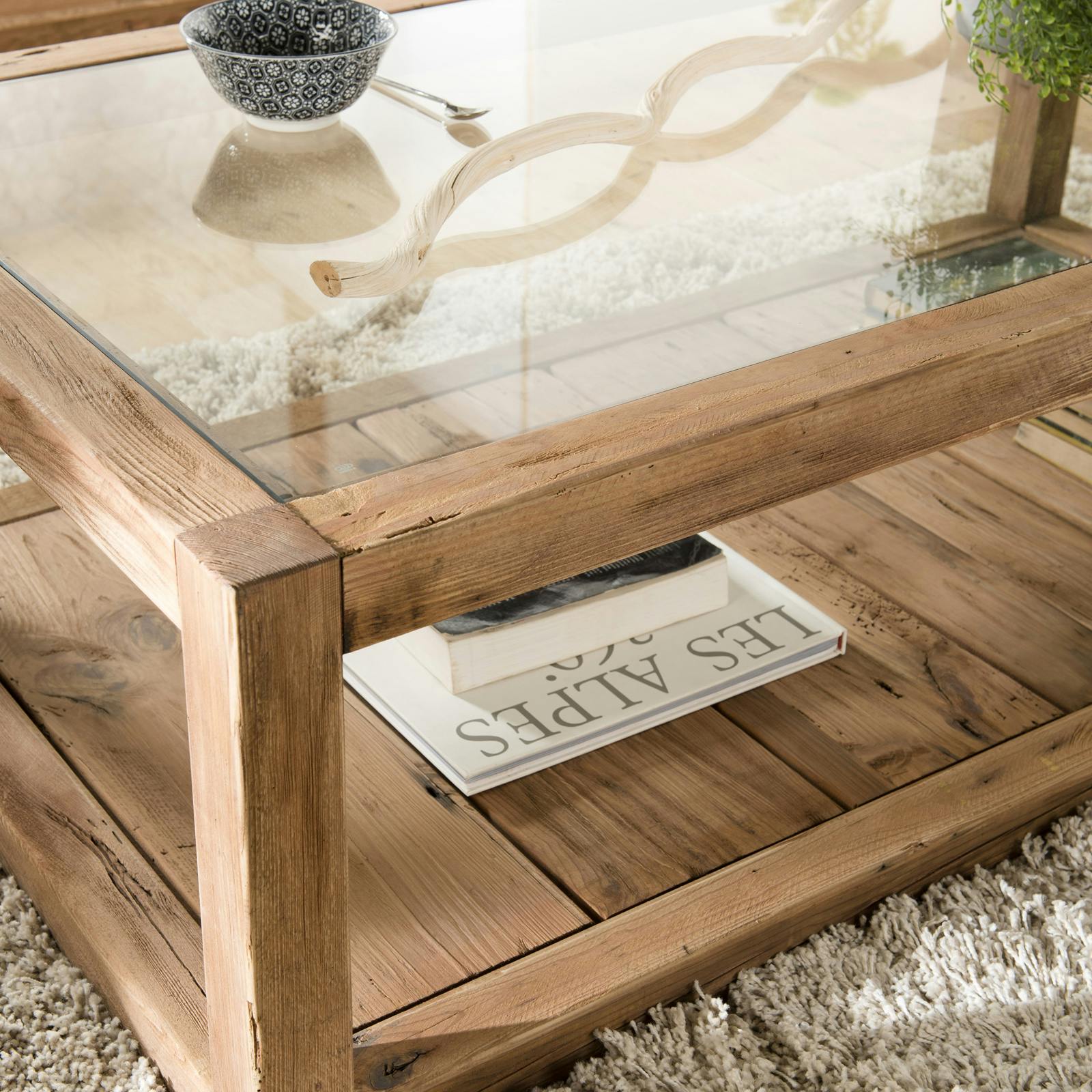 Table basse double plateau en bois de pin recyclé et verre DENVER