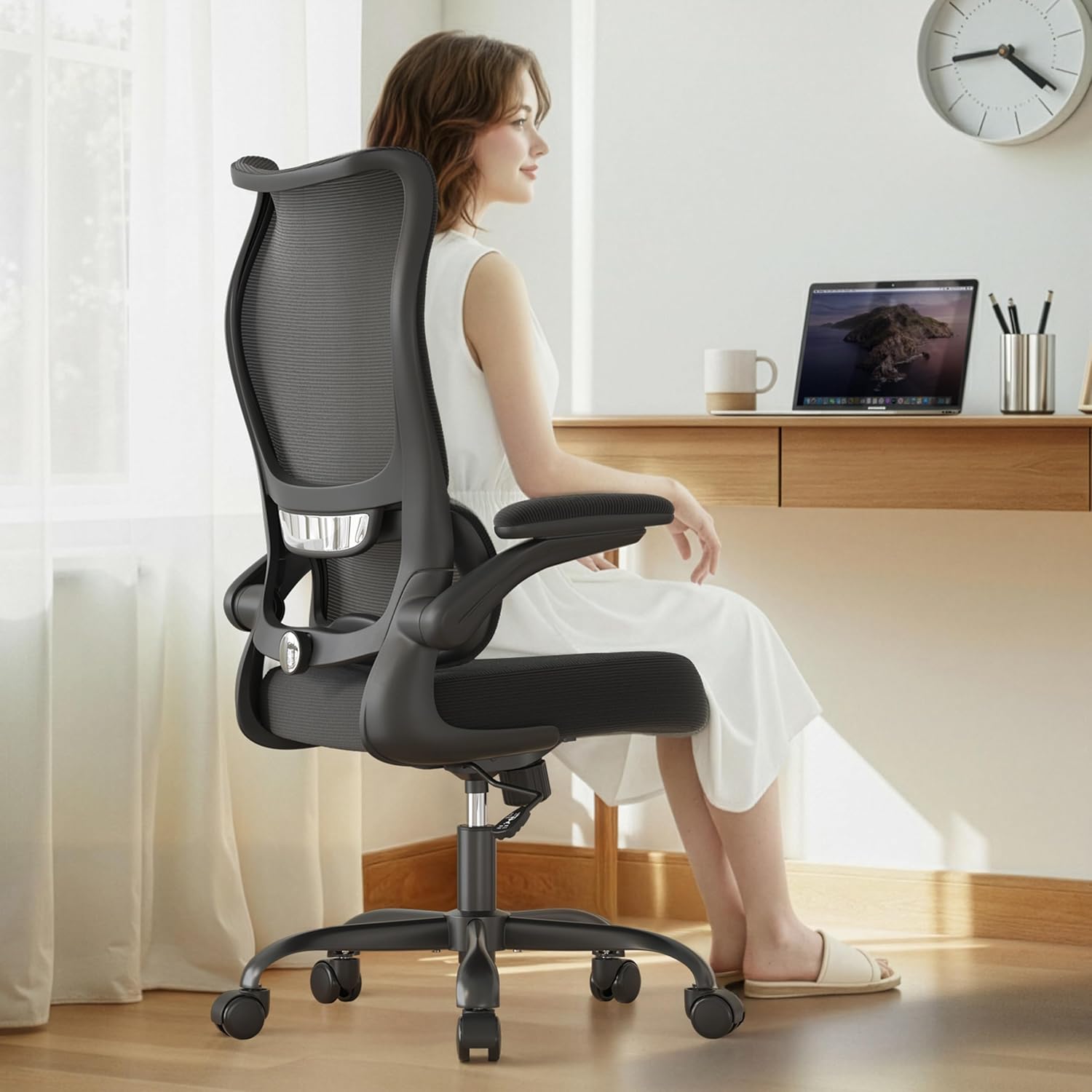 Office Chair Ergonomic Desk Chair - Comfy Mesh High Back Office Chair with Lumbar Support Wheel Home Desk Office Chairs Flip up Armrest Executive Rolling Swivel Task Computer Chair Black Silver