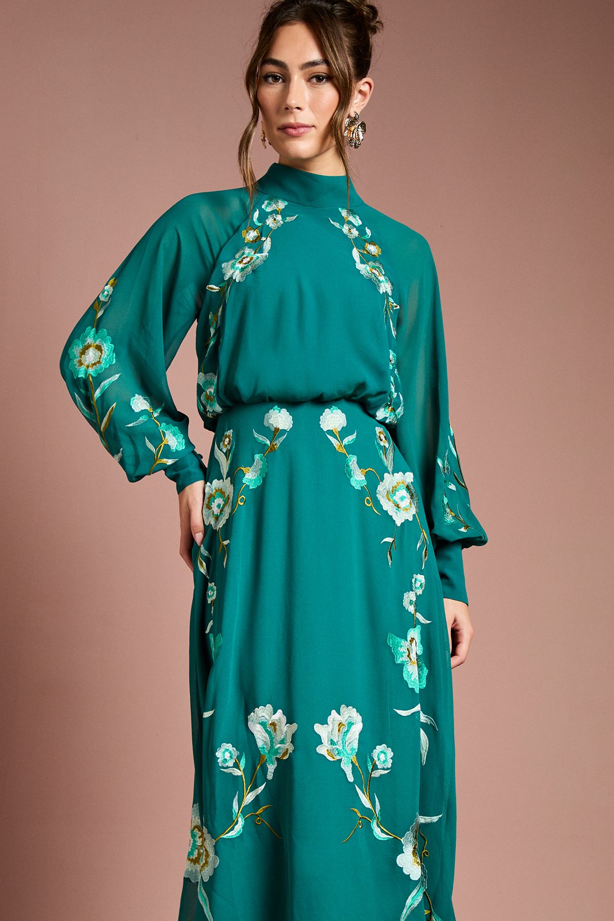 Coast High Neck Long Sleeve Floral Embroidered Midi Dress