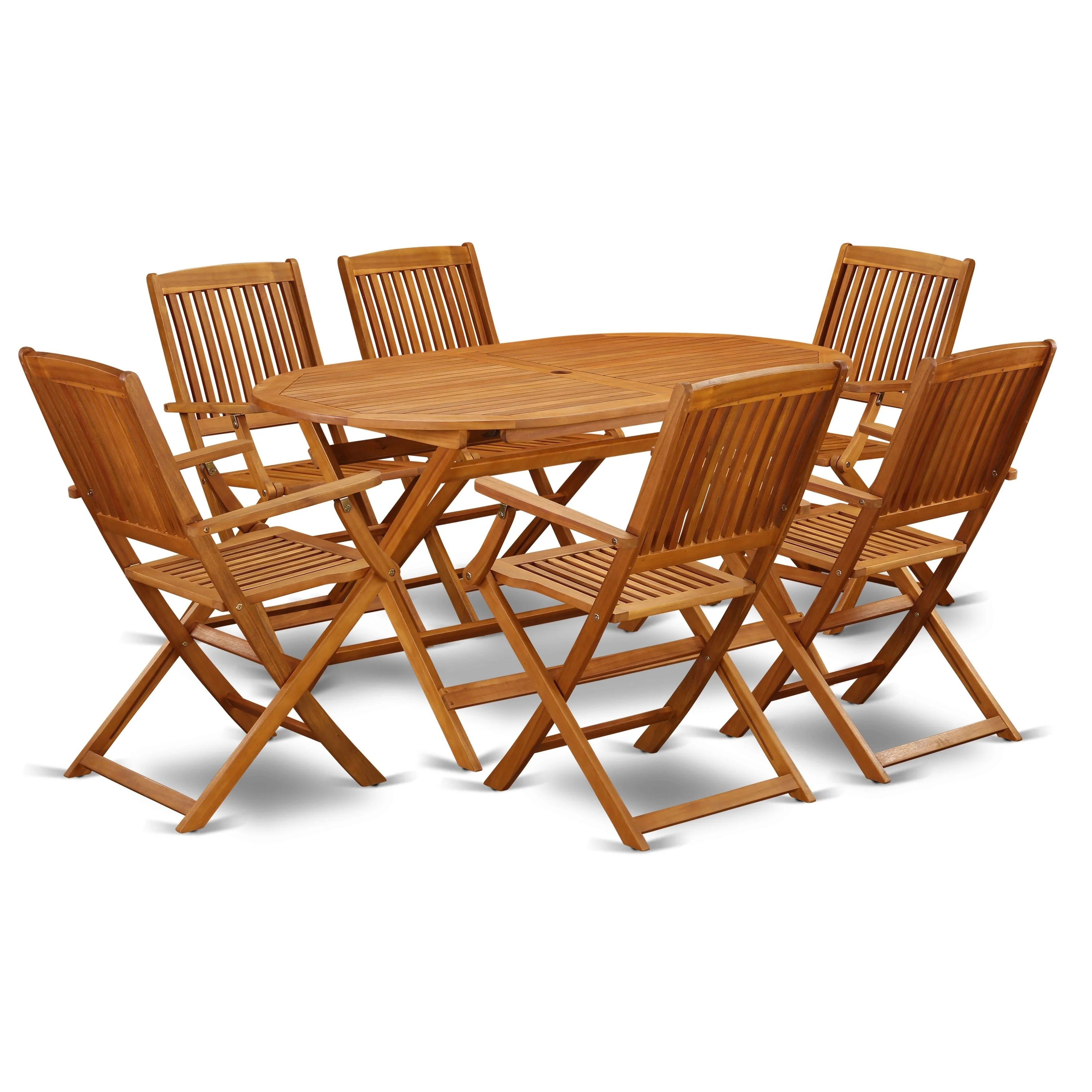 East West Furniture Patio Bistro Dining Furniture Set- Acacia Wood Table and 4 Folding Arm Chairs, Natural Oil (Pieces Options)