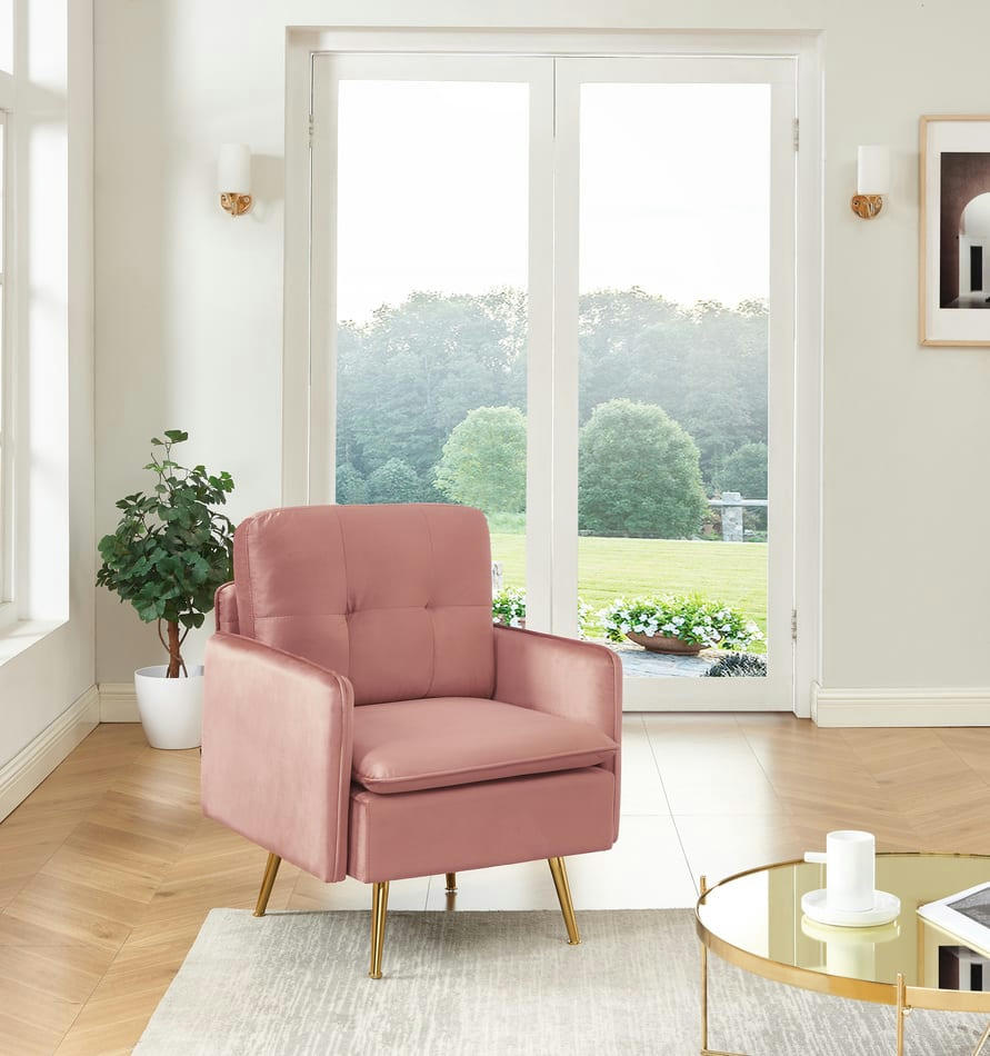 ADAM - Fauteuil  velours rose poudré avec piètement en métal doré