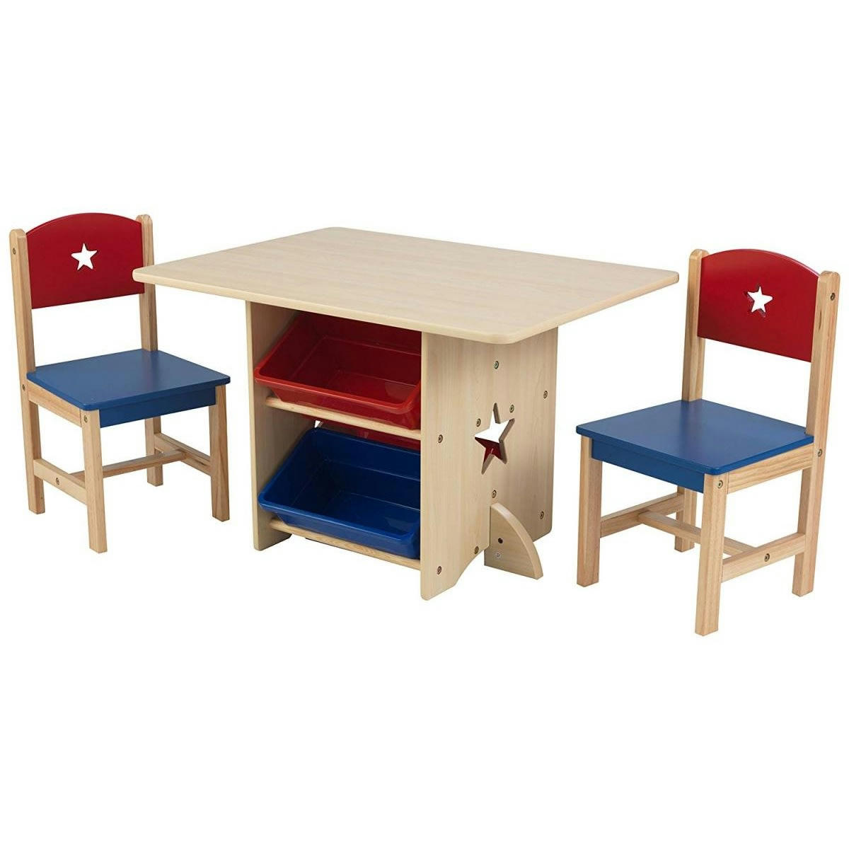 - Ensemble table avec 4 bacs de rangement et 2 chaises bleu et rouge