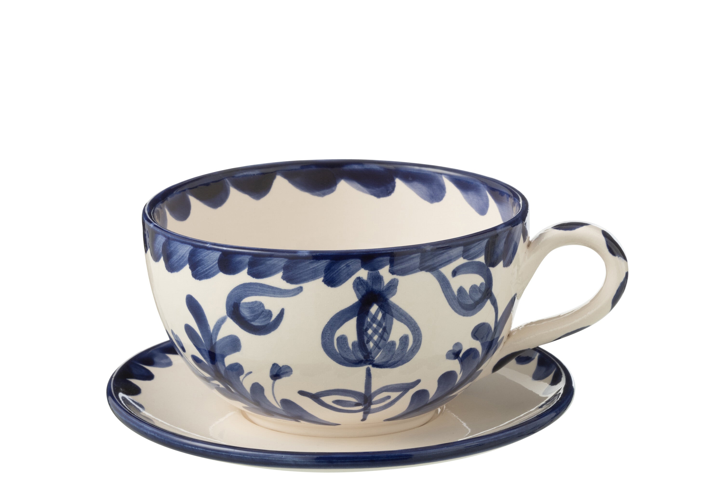J-Line kopje + schoteltje Granada - keramiek - wit blauw