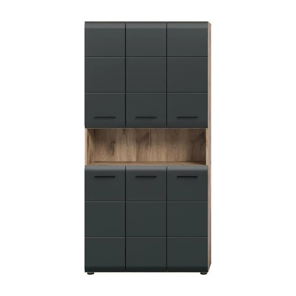 Hioshop Ice badkamerkast 6 deuren- 1 plank zwart mat- eiken decor