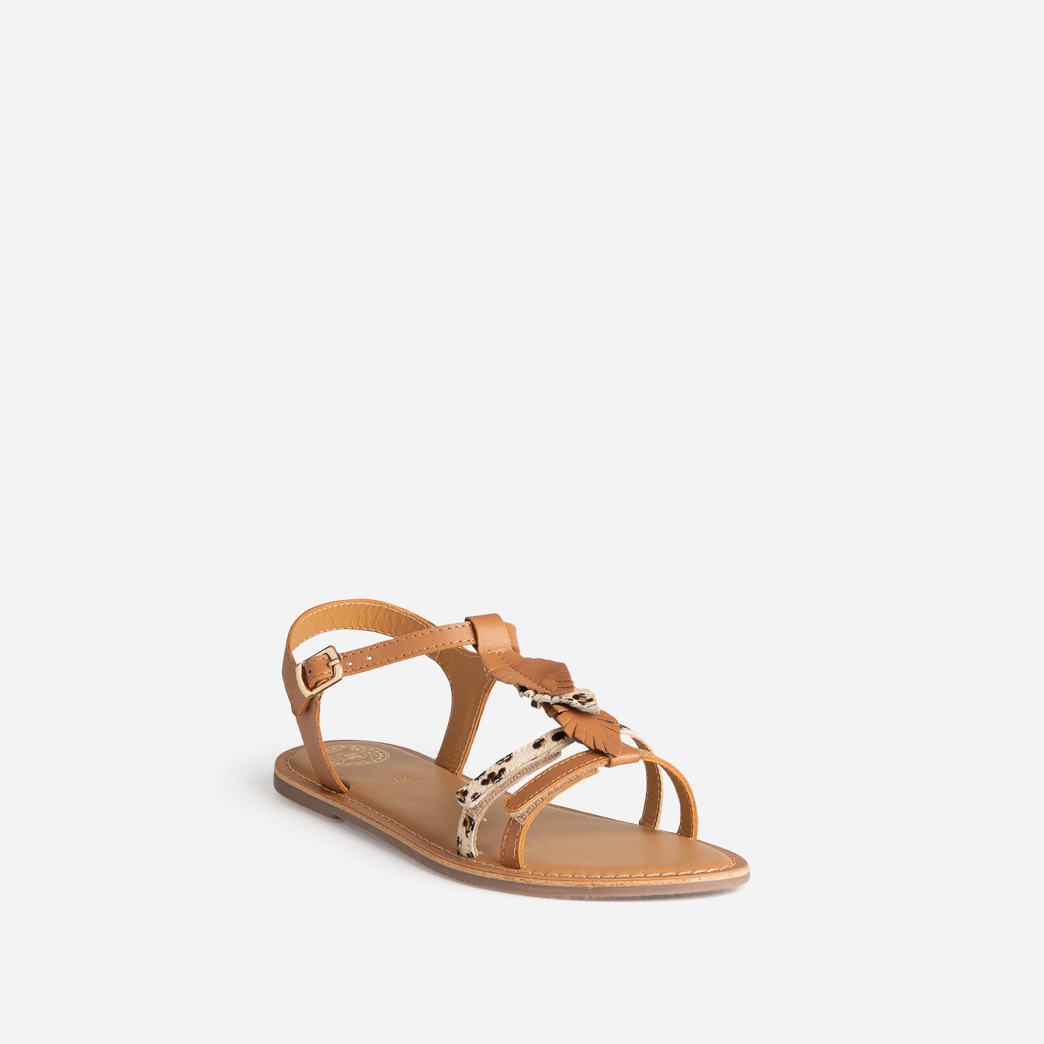 Sandale BUGGY camel cuir décor plumes