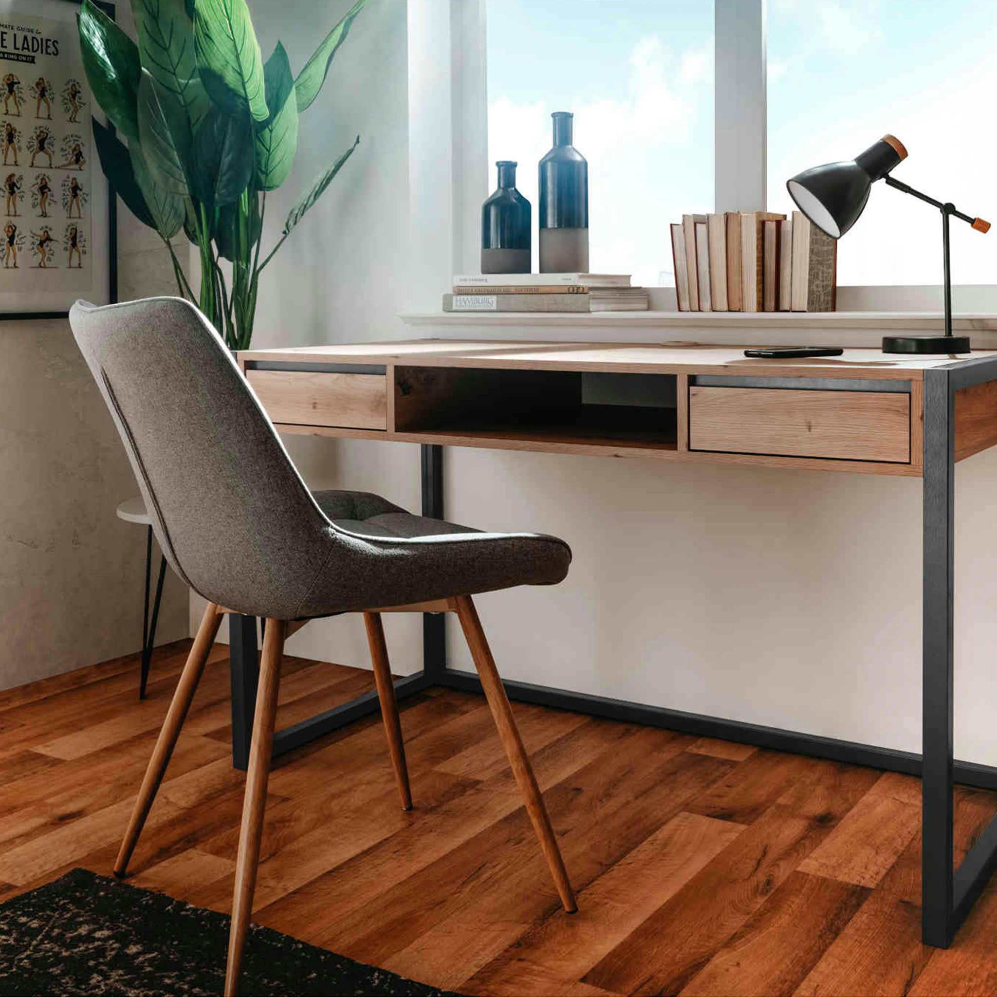 - Bureau 2 tiroirs + niche bois naturel